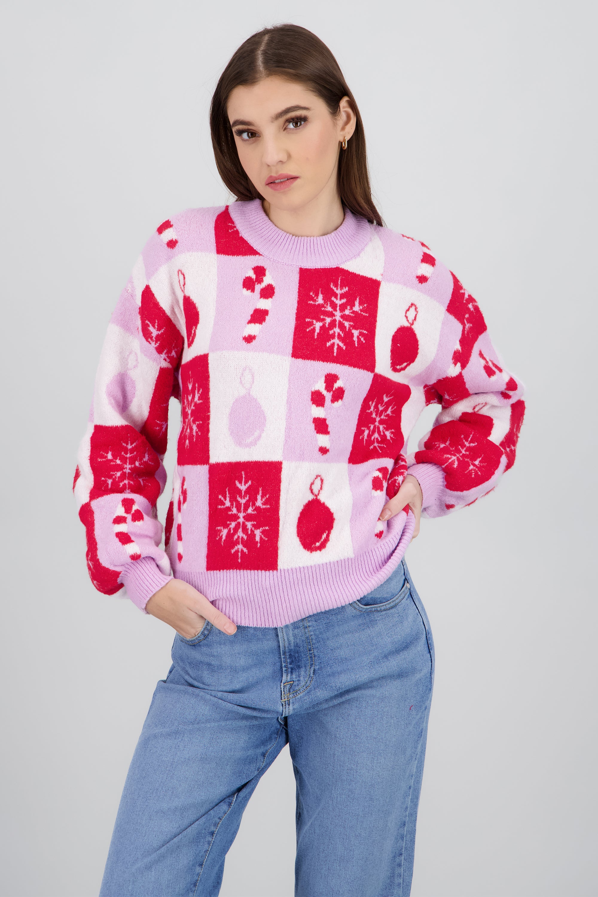 Sueter navideño esferas y bastoncitos ROSA COMBO