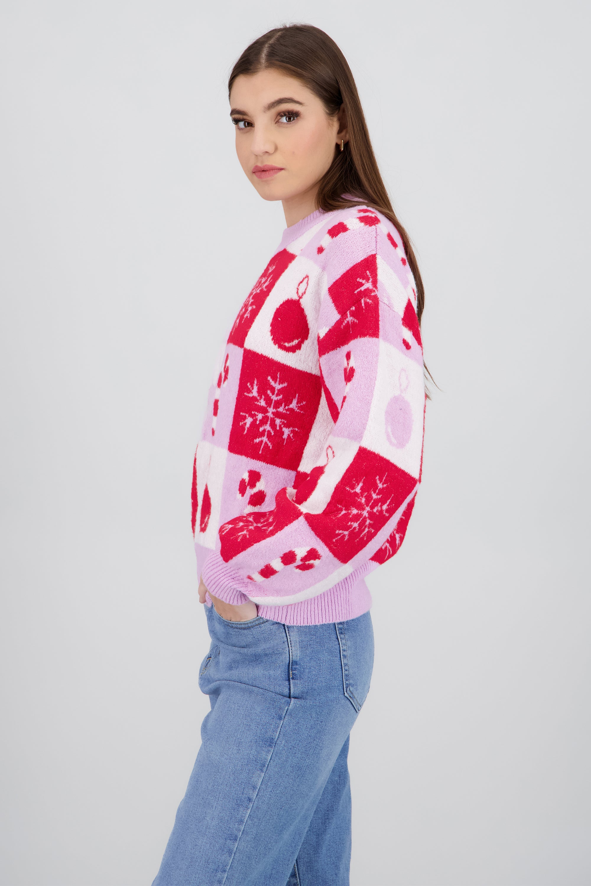 Sueter navideño esferas y bastoncitos ROSA COMBO