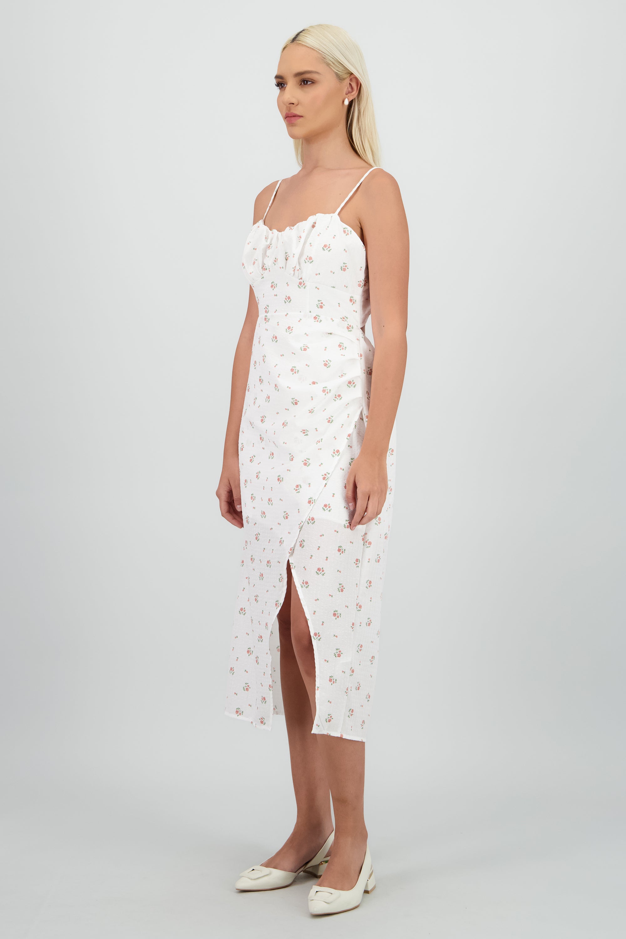 Vestido maxi flores en lino CREMA