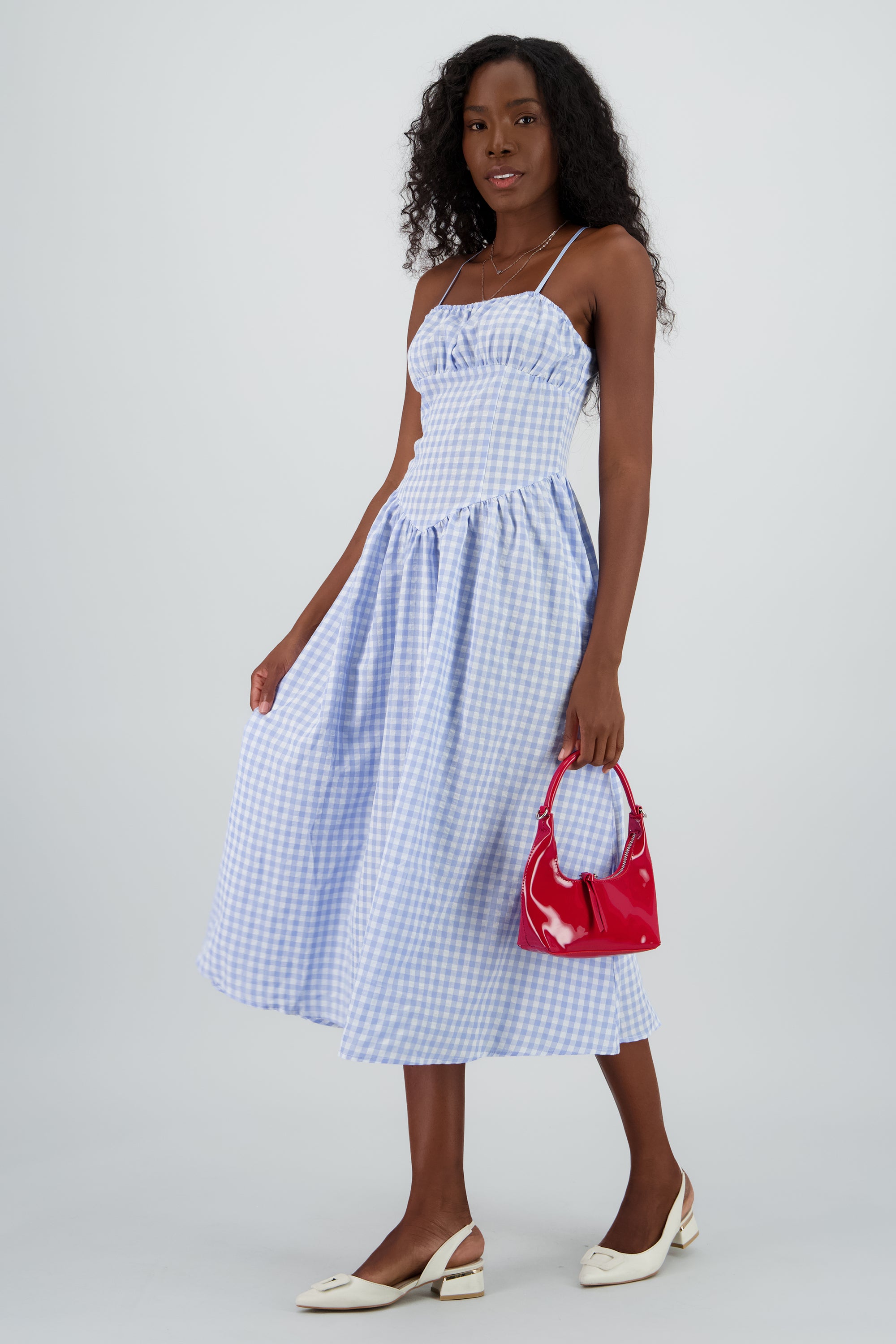 Vestido midi cuadros entallado AZUL COMBO