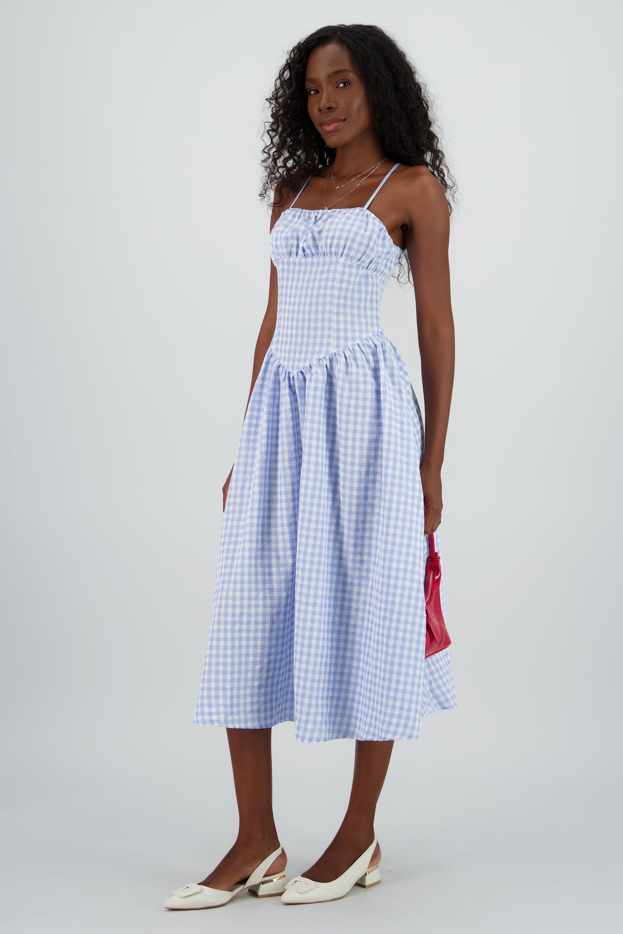 Vestido midi cuadros entallado AZUL COMBO