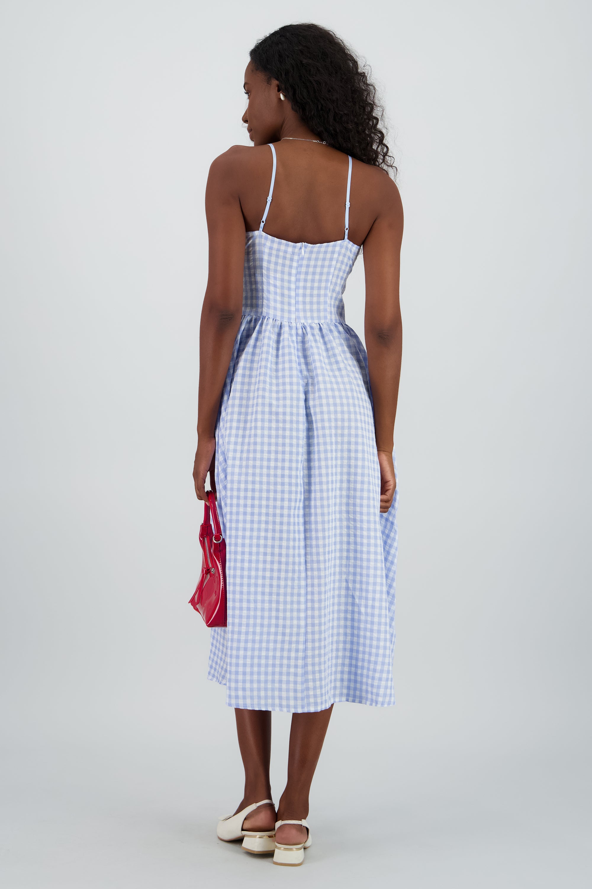 Vestido midi cuadros entallado AZUL COMBO