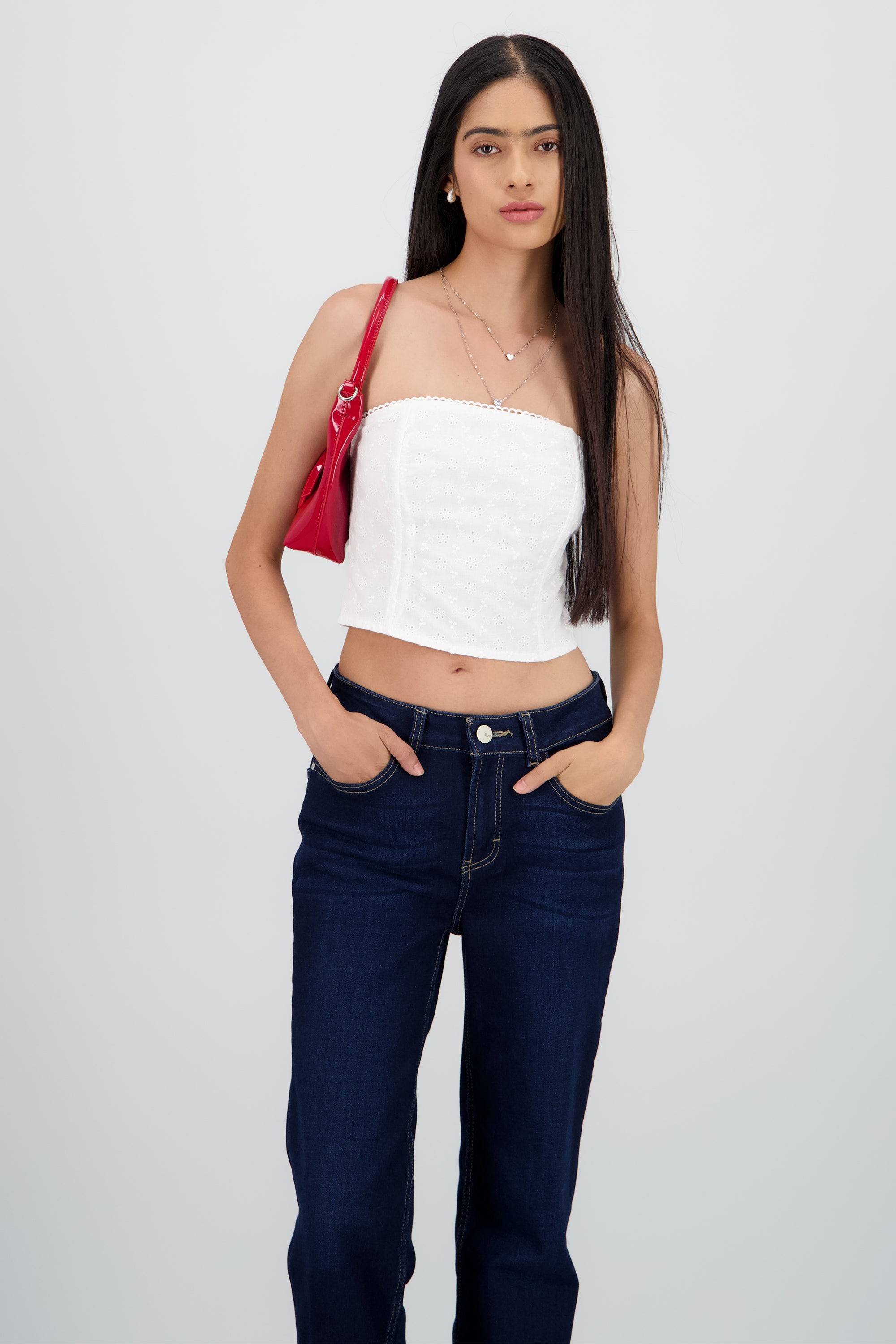 Top strapless varilla textura flores BLANCO