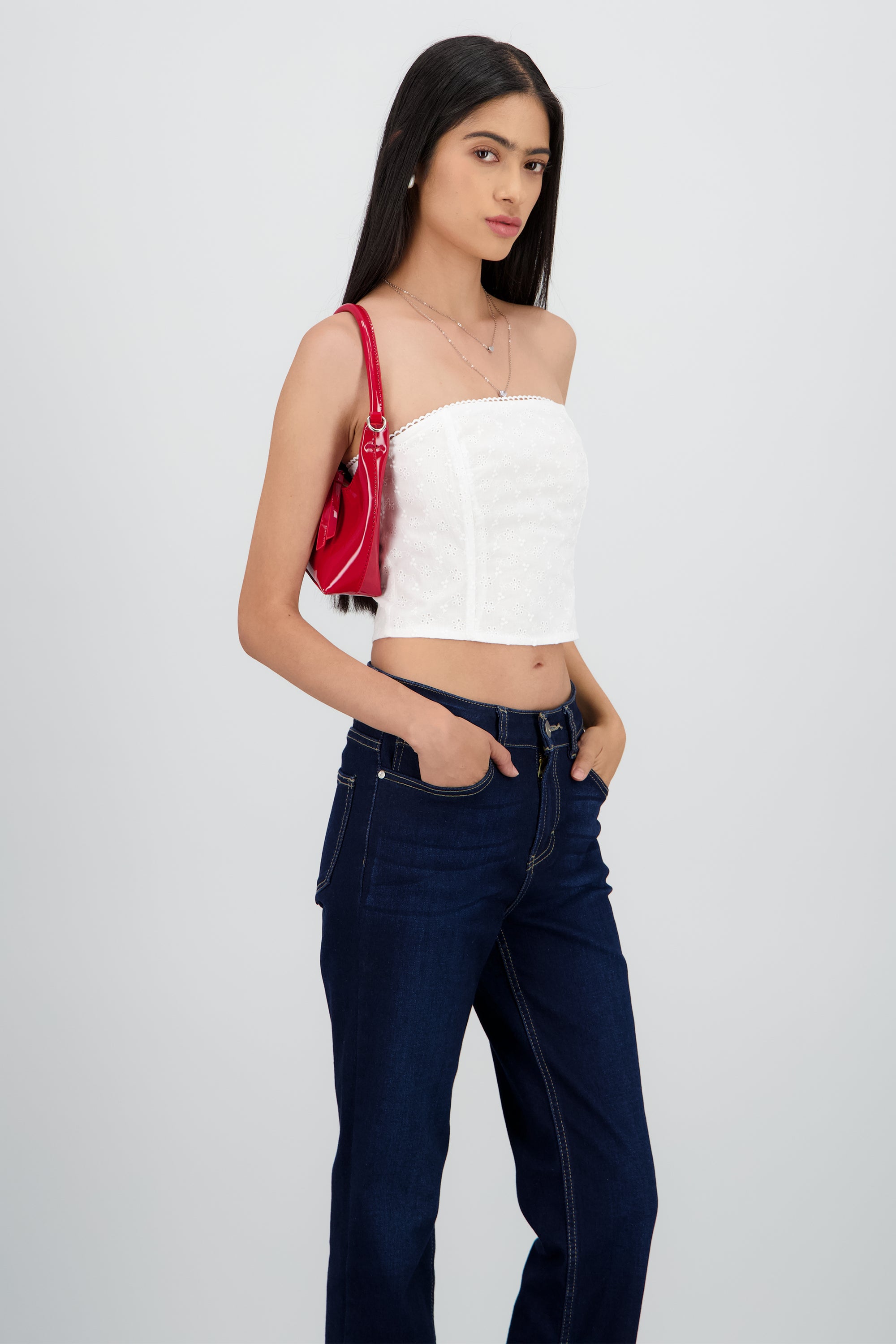 Top strapless varilla textura flores BLANCO