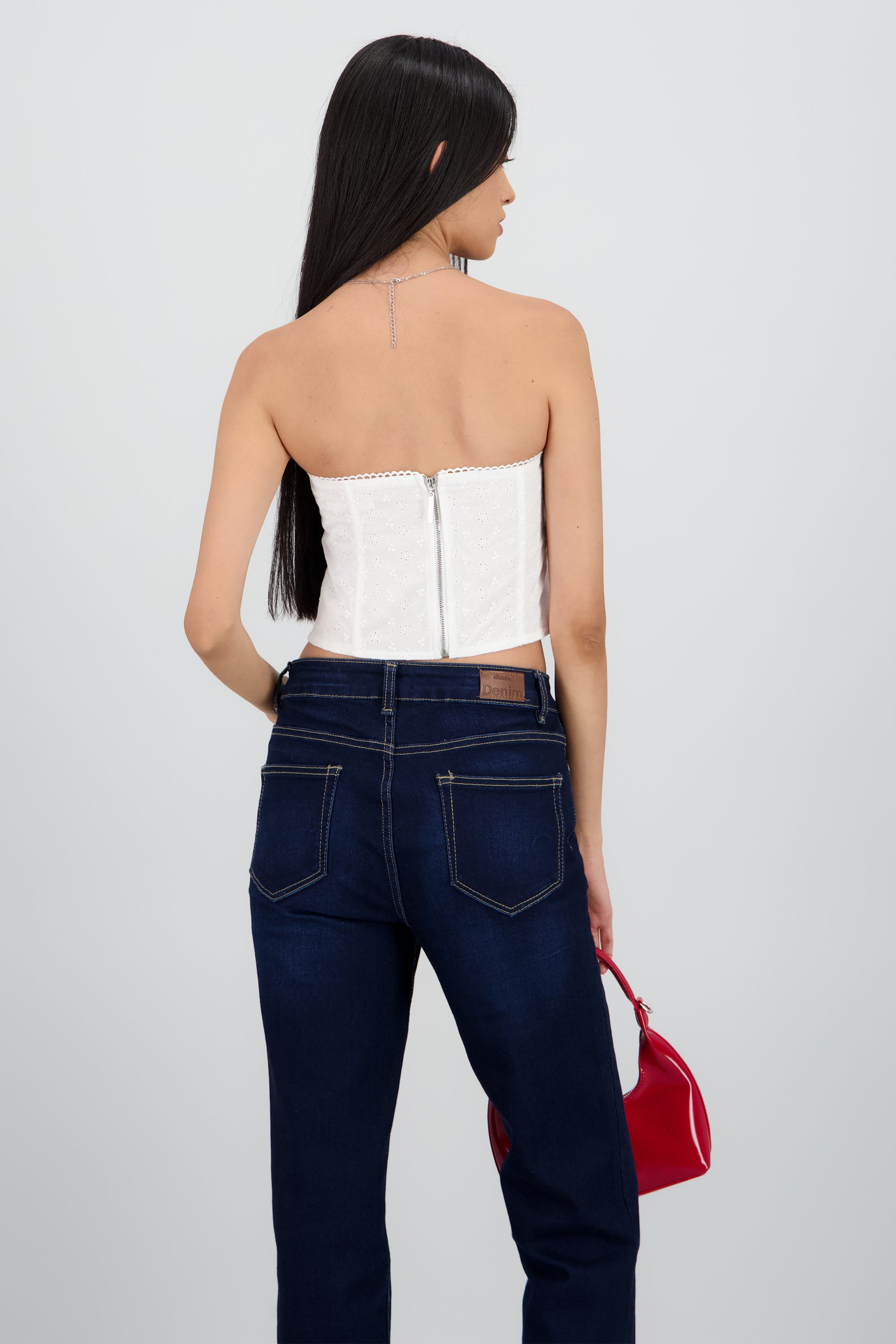 Top strapless varilla textura flores BLANCO