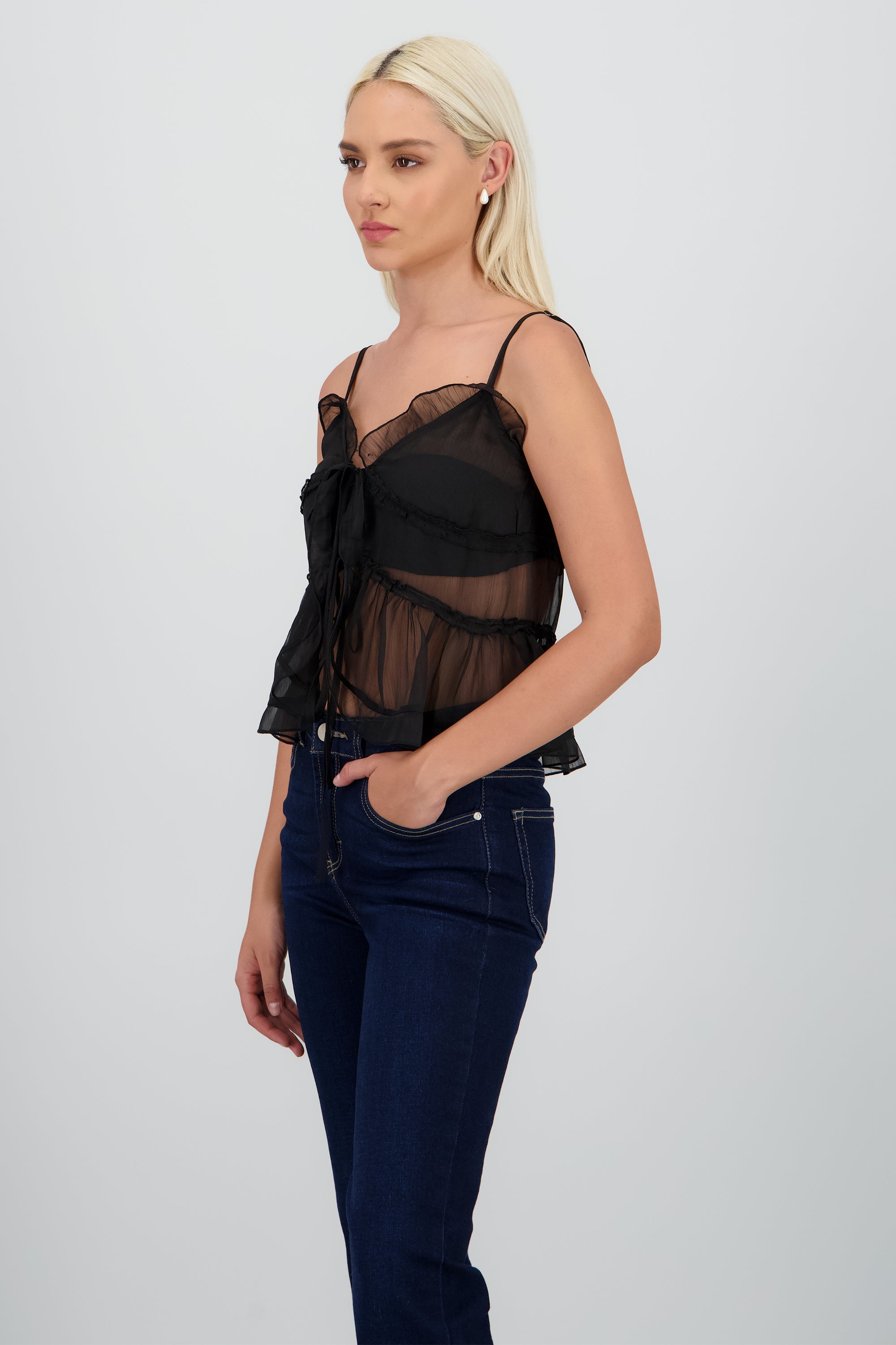 Top tirantes con olanes y moños NEGRO