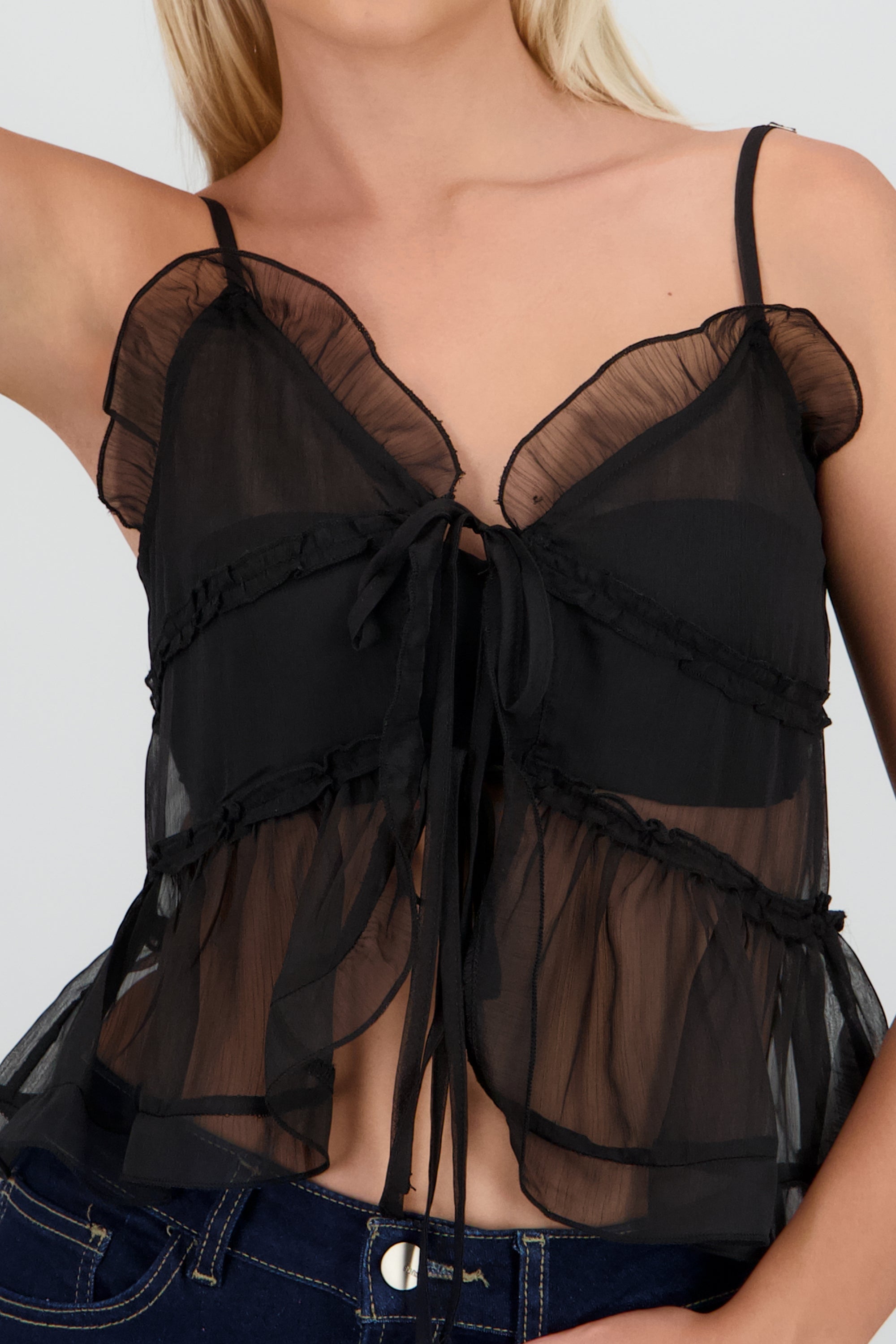 Top tirantes con olanes y moños NEGRO
