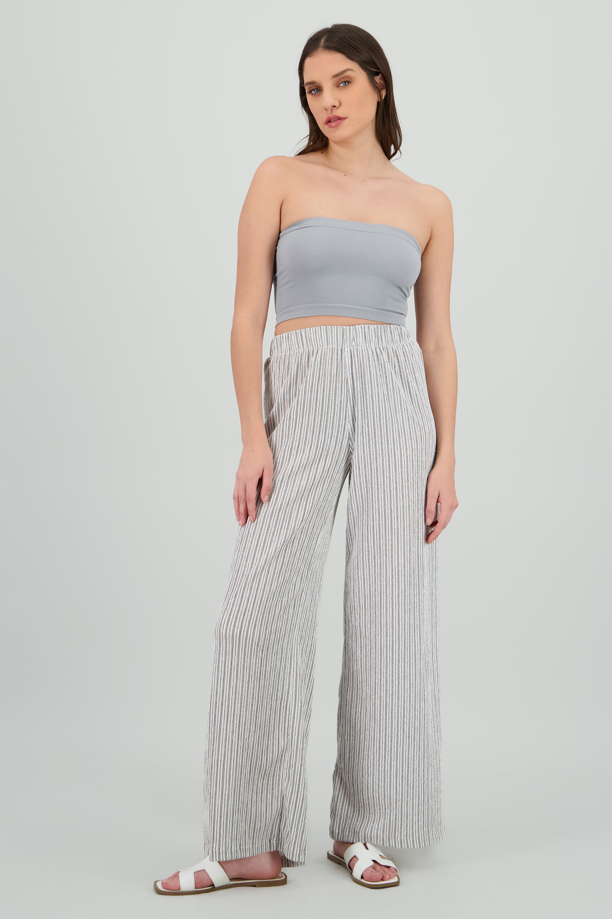 Pantalon wide leg estampado rayas textura GRIS COMBO