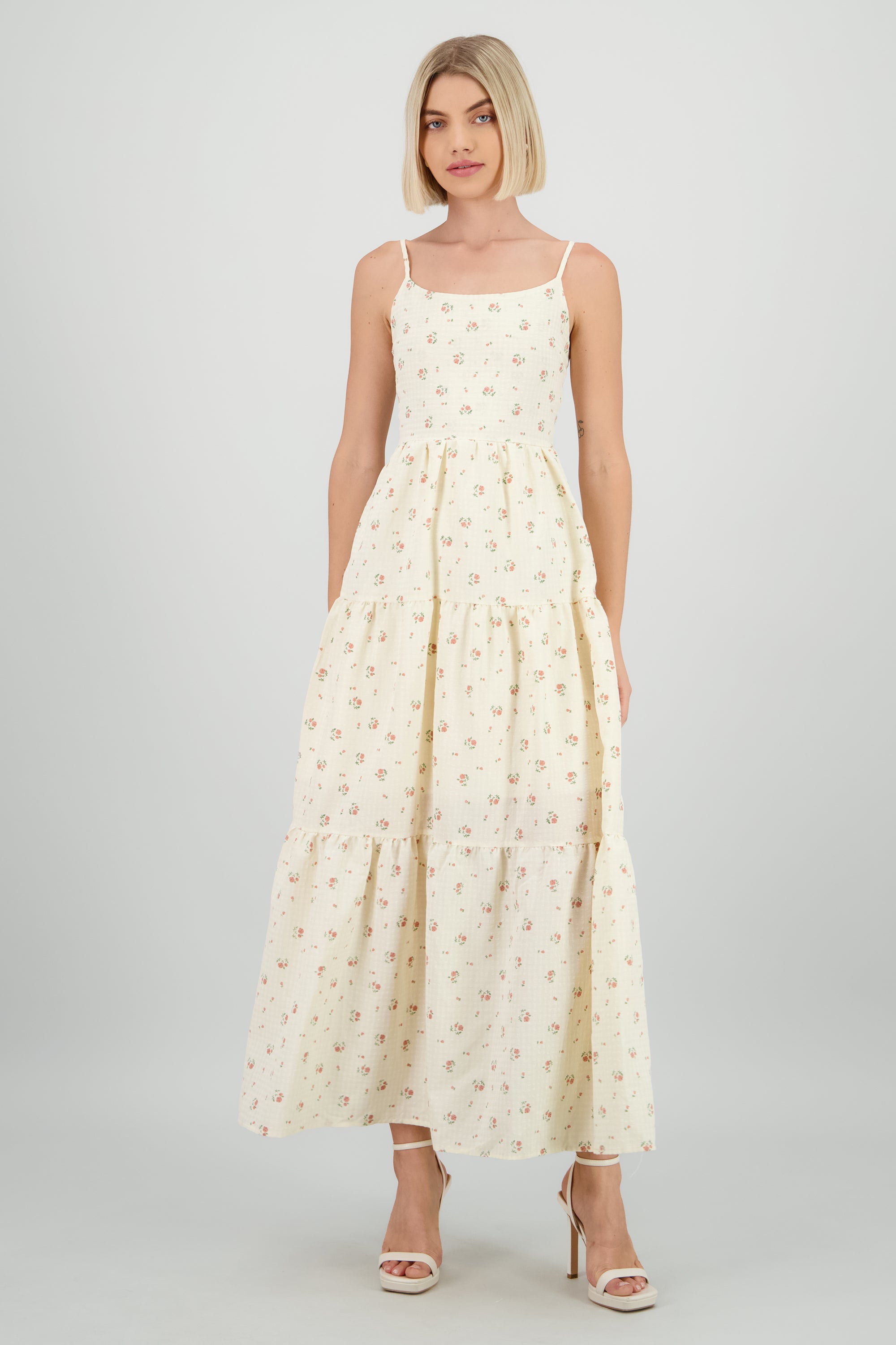 Vestido maxi gingham flores HUESO COMBO