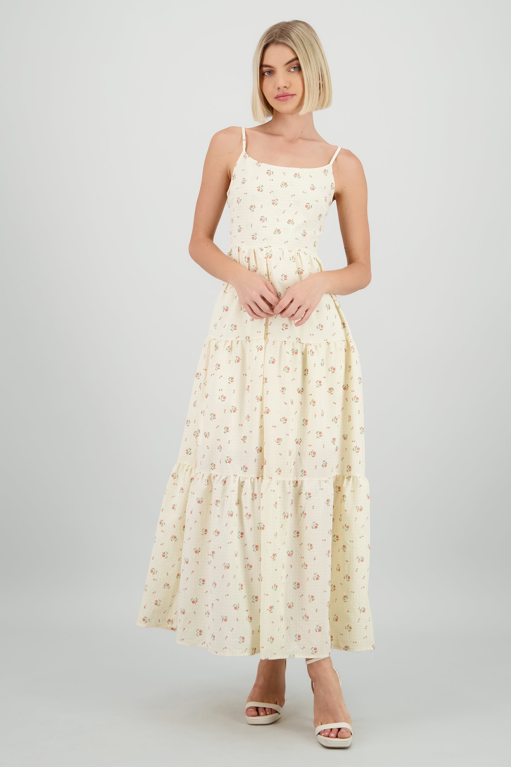 Vestido maxi gingham flores HUESO COMBO
