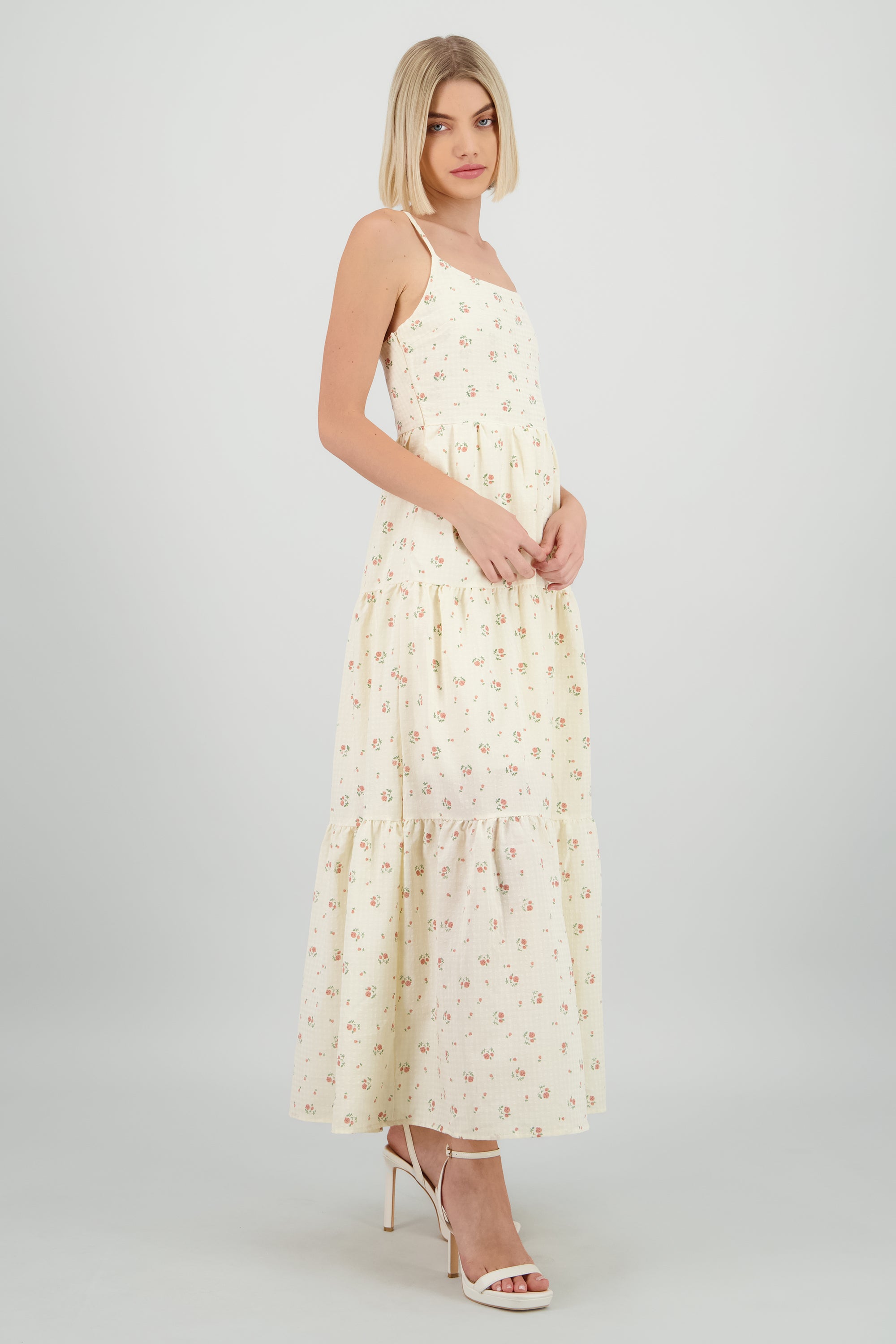 Vestido maxi gingham flores HUESO COMBO