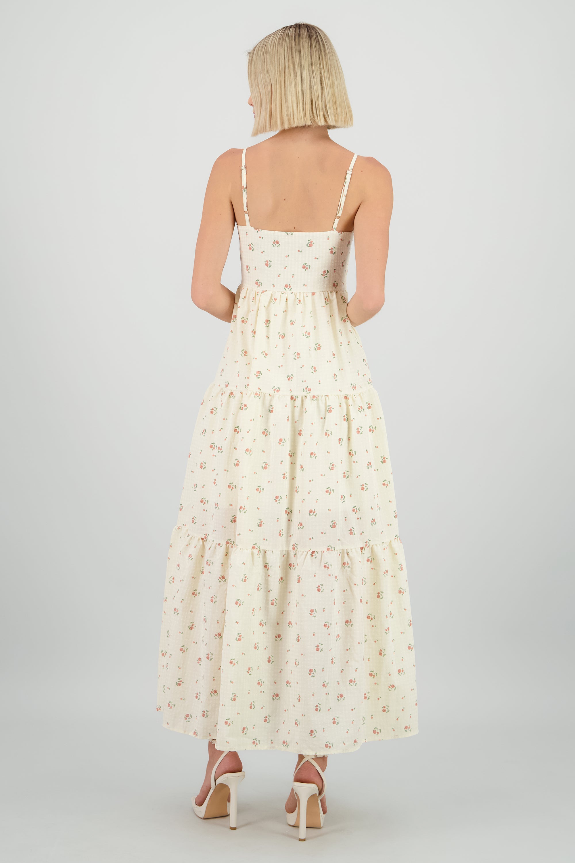 Vestido maxi gingham flores HUESO COMBO