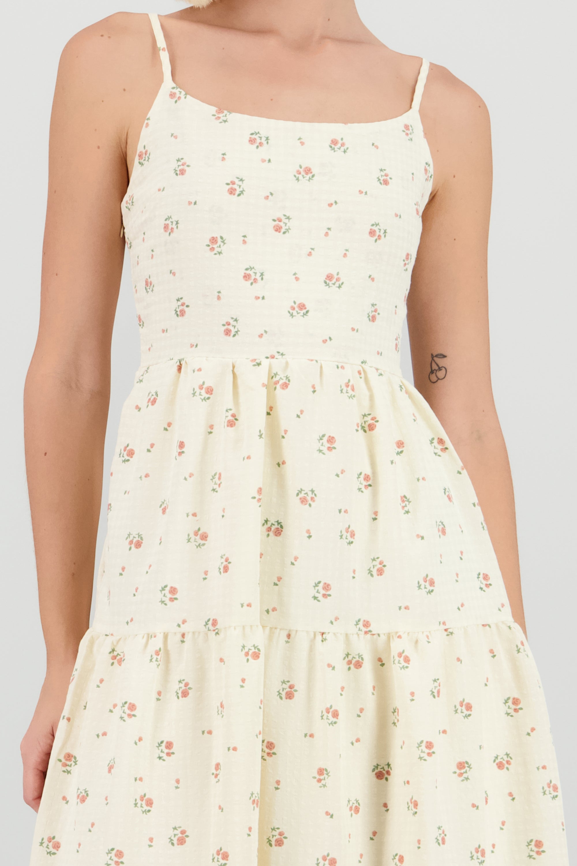 Vestido maxi gingham flores HUESO COMBO