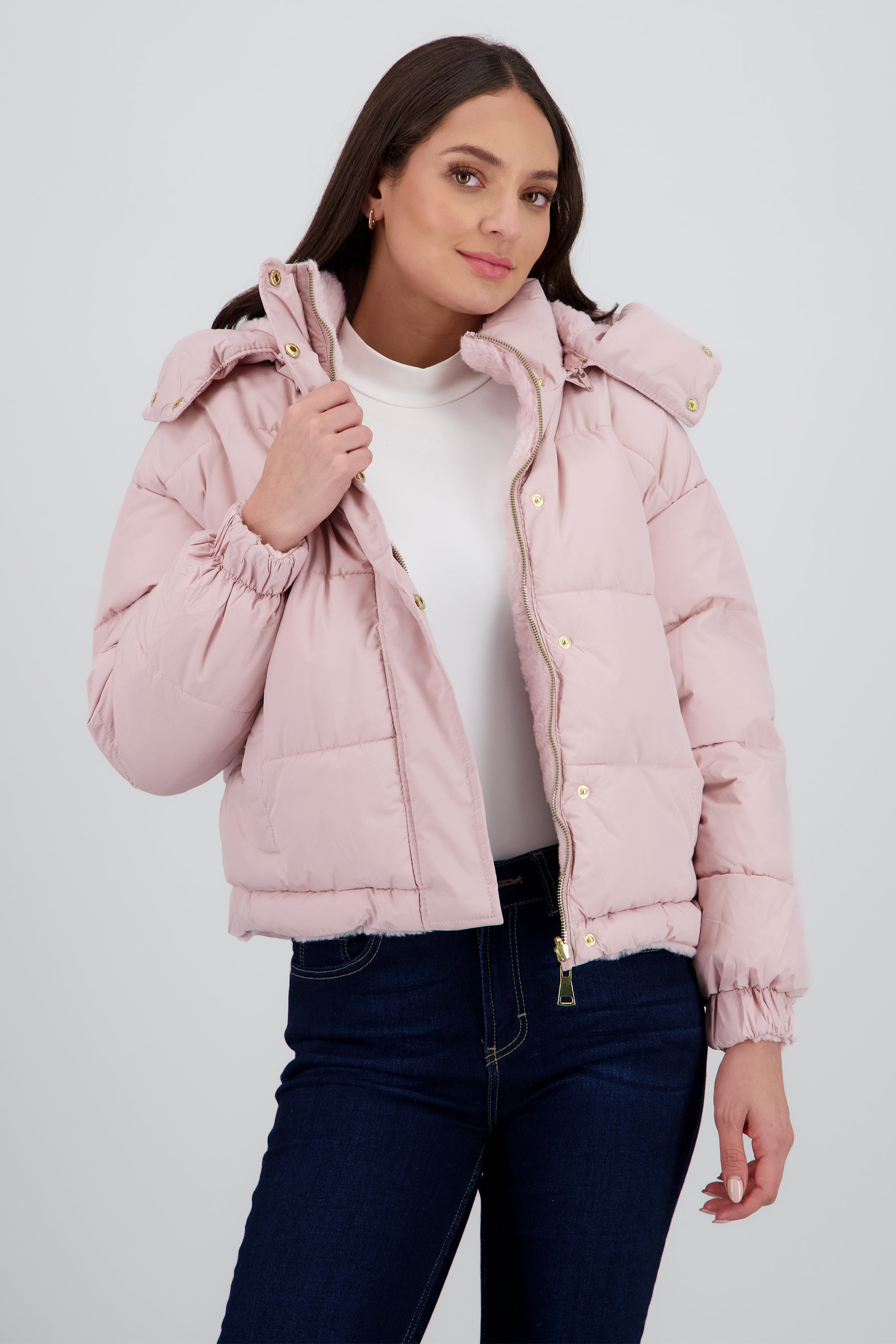 Chamarra capitonada con gorro PALO DE ROSA