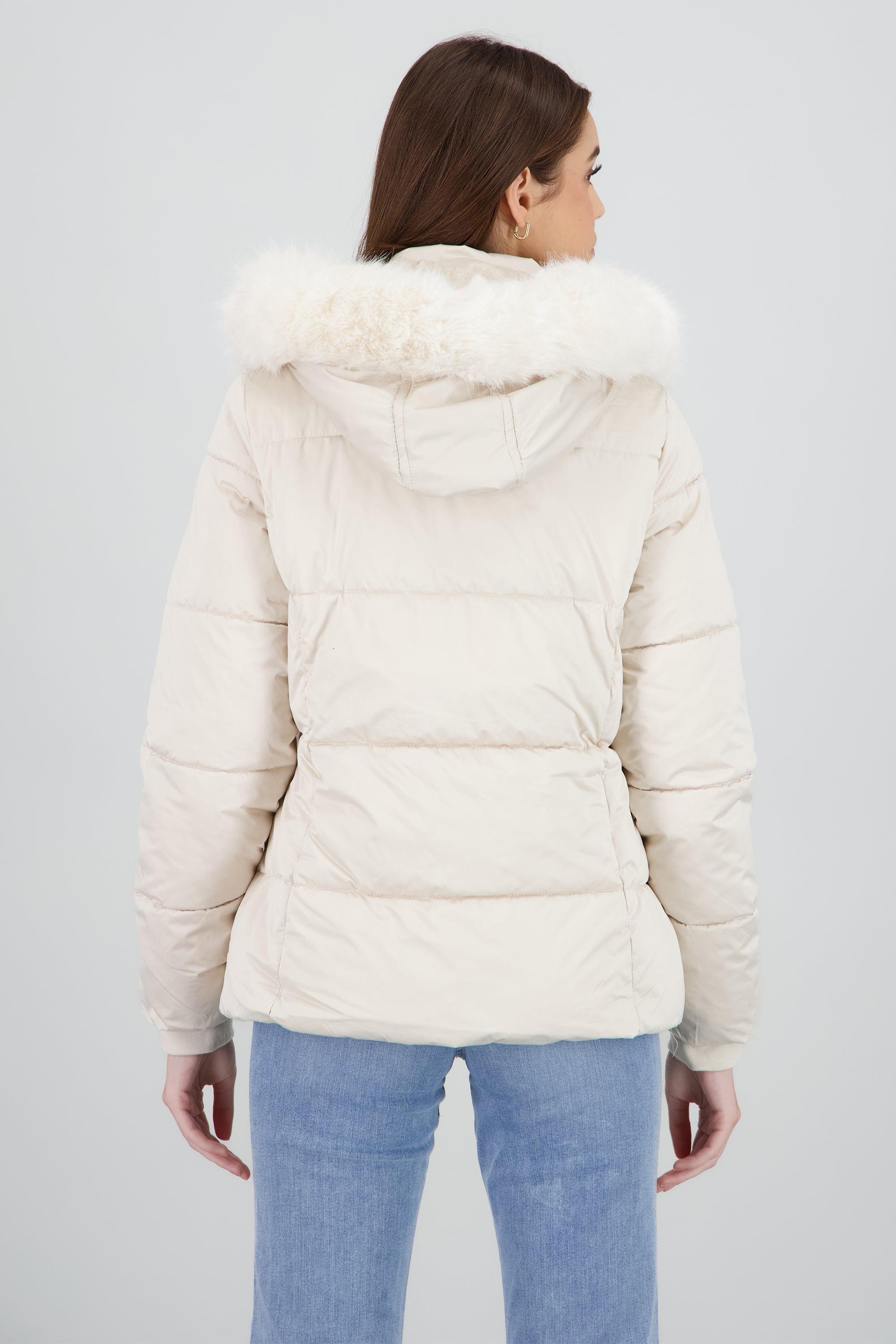 Chamarra satin capitonada con gorro peluche BEIGE