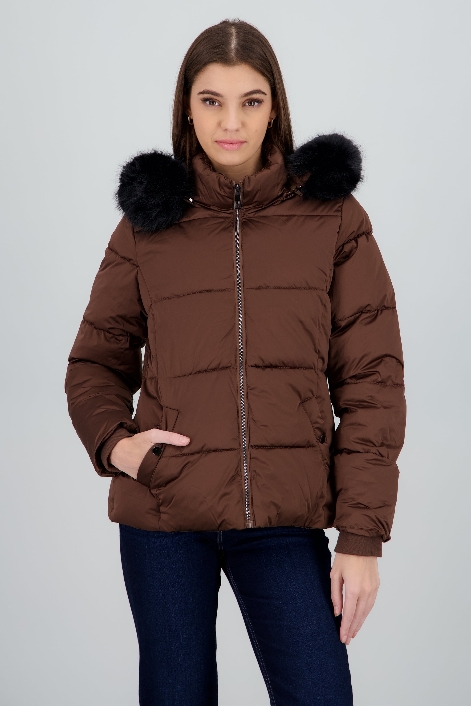 Chamarra satin capitonada con gorro peluche CAFE