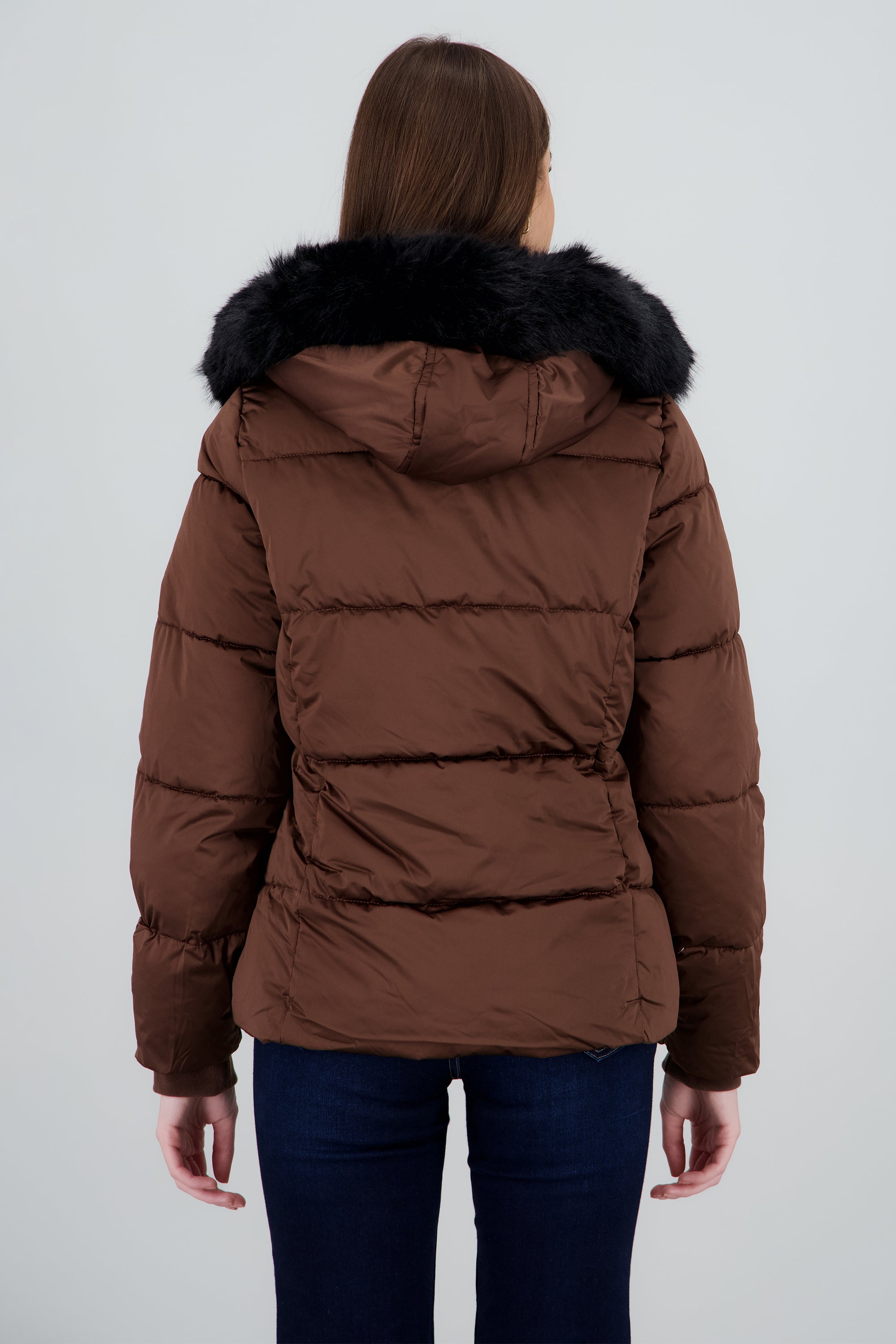 Chamarra satin capitonada con gorro peluche CAFE