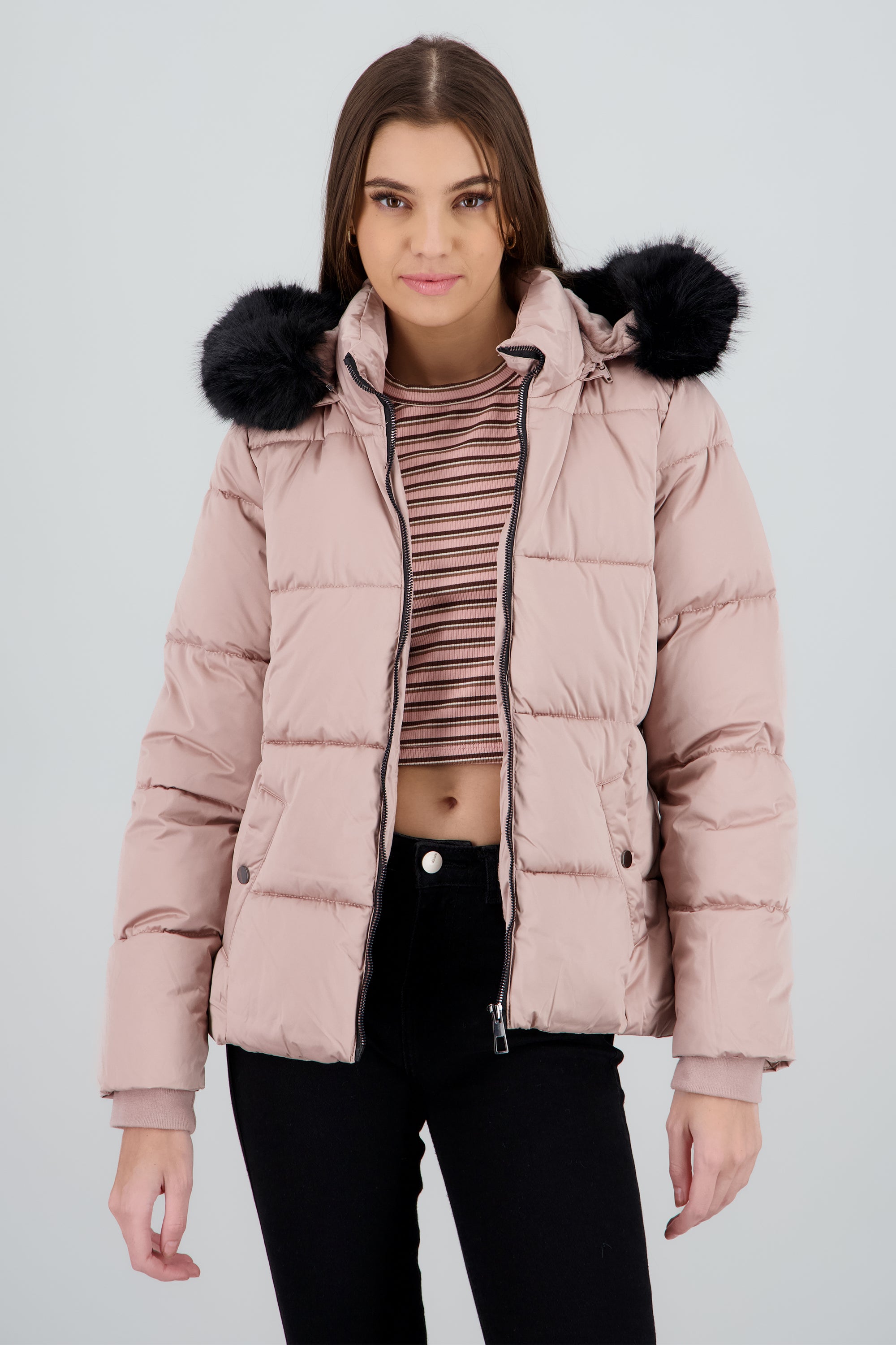 Chamarra satin capitonada con gorro peluche ROSA