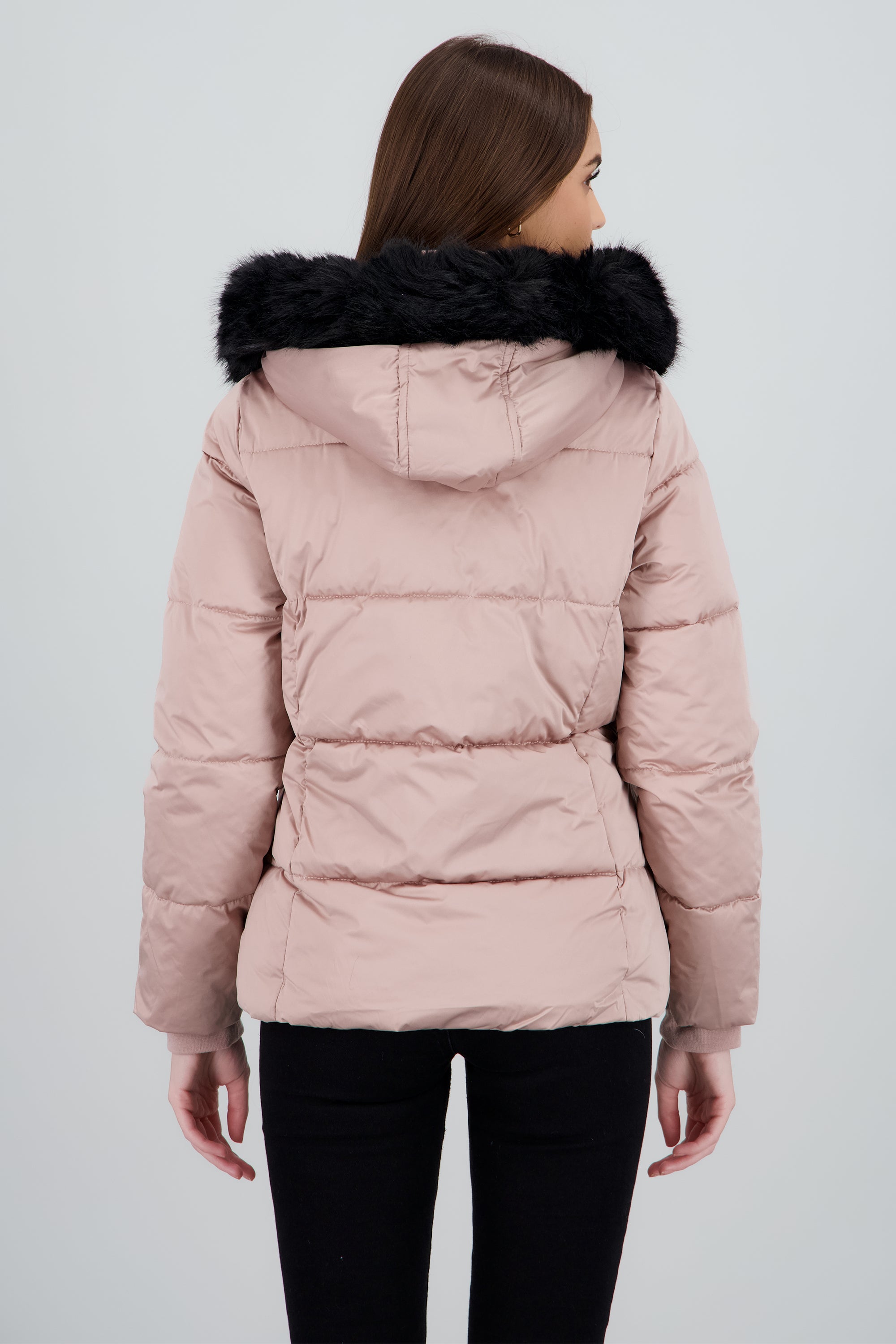 Chamarra satin capitonada con gorro peluche ROSA