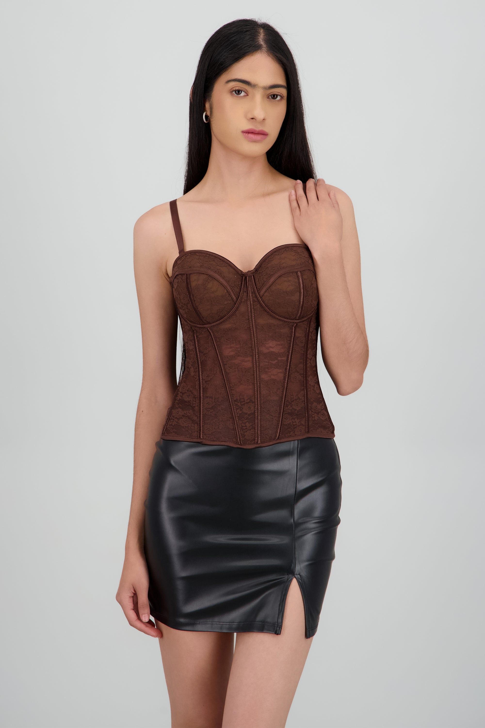 Corset copas encaje liso CHOCOLATE