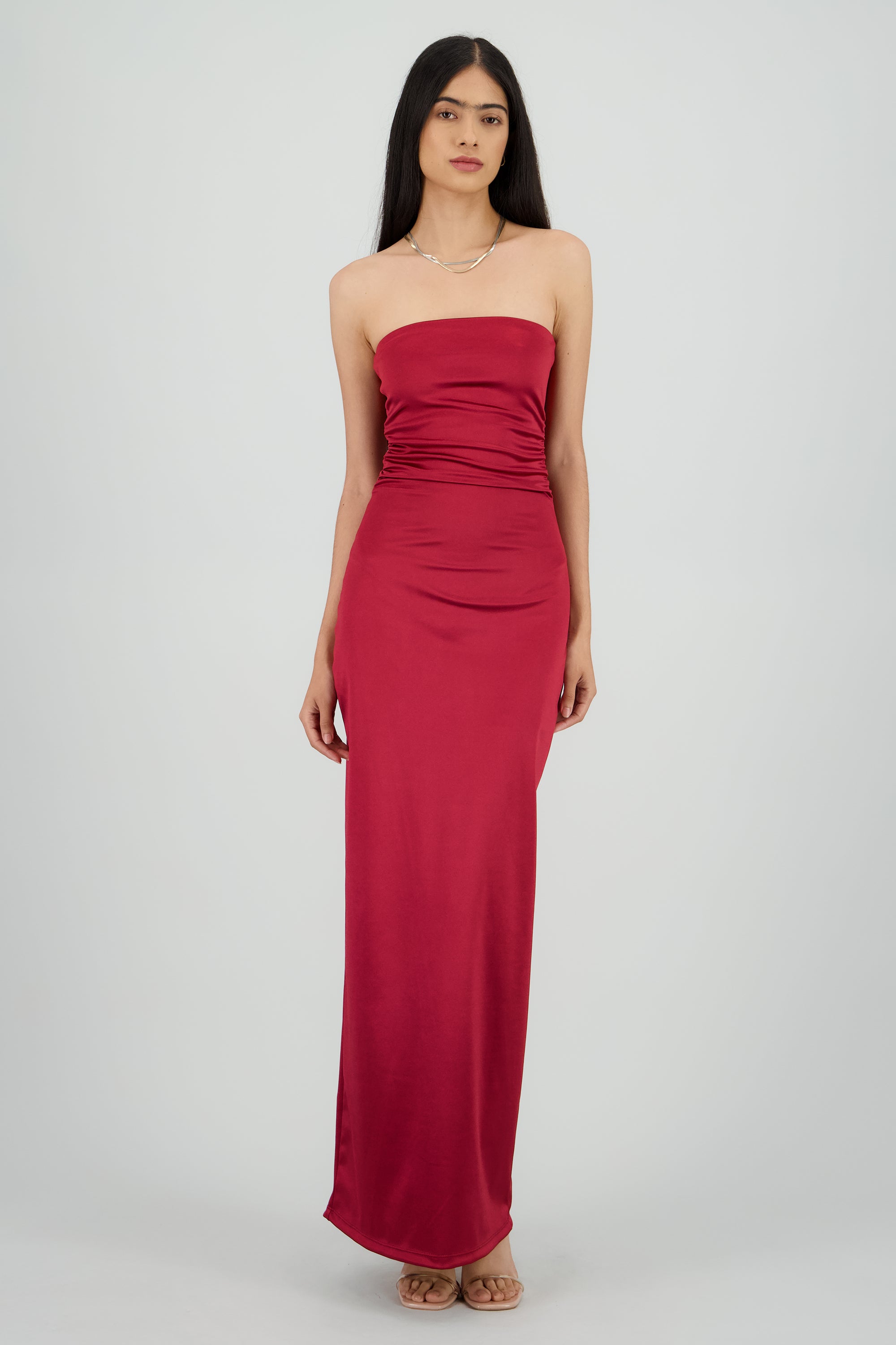 Vestido maxi satin strapless drapeado VINO