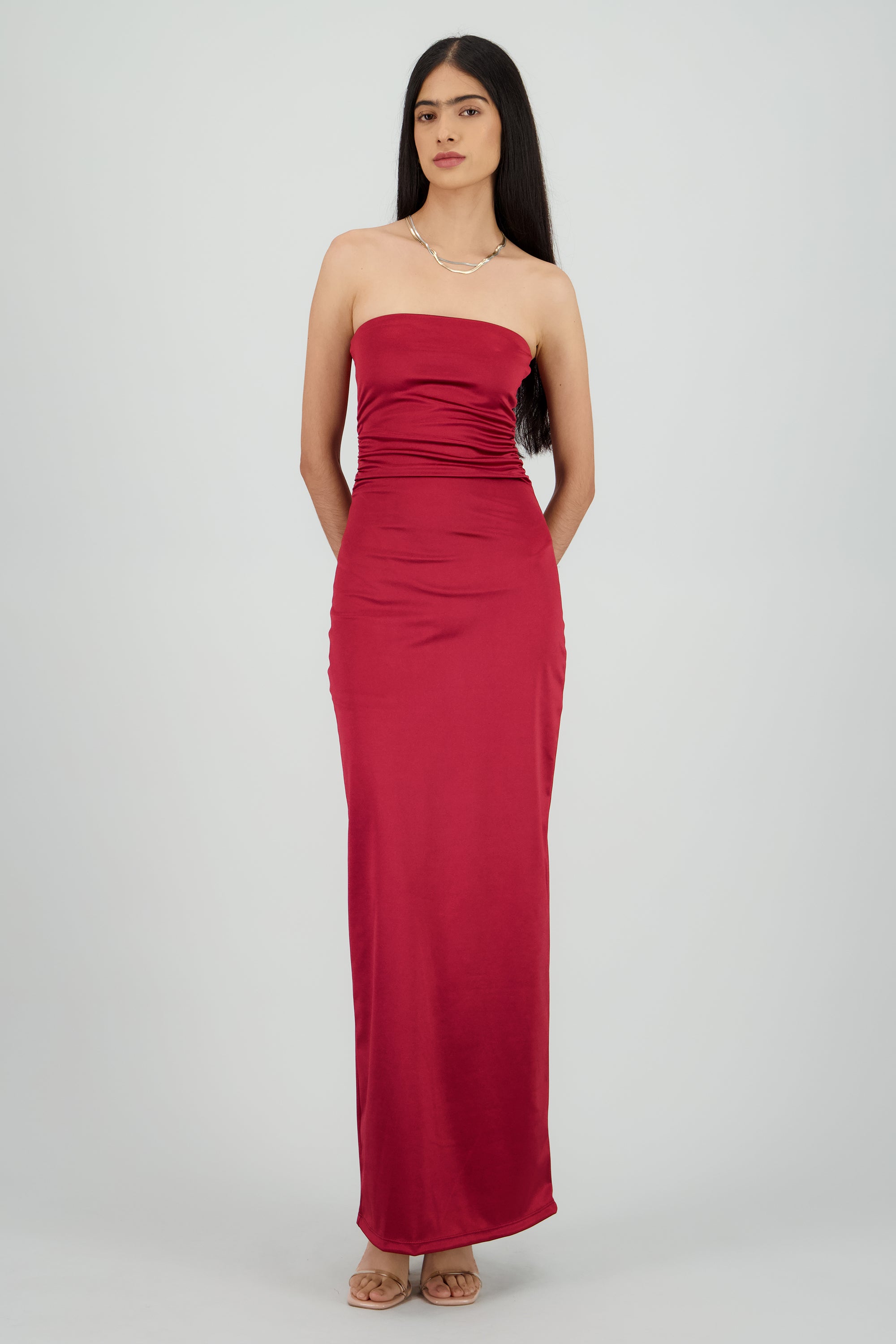 Vestido maxi satin strapless drapeado VINO