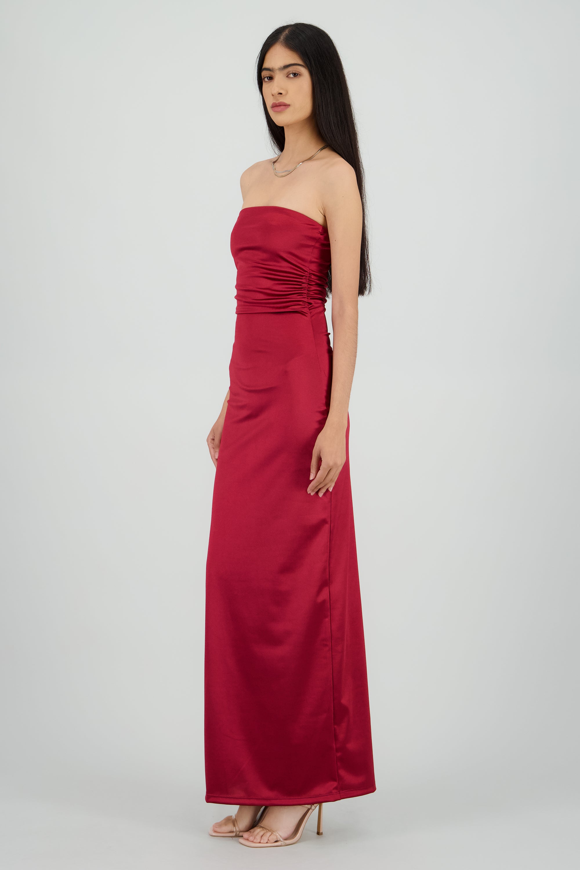 Vestido maxi satin strapless drapeado VINO