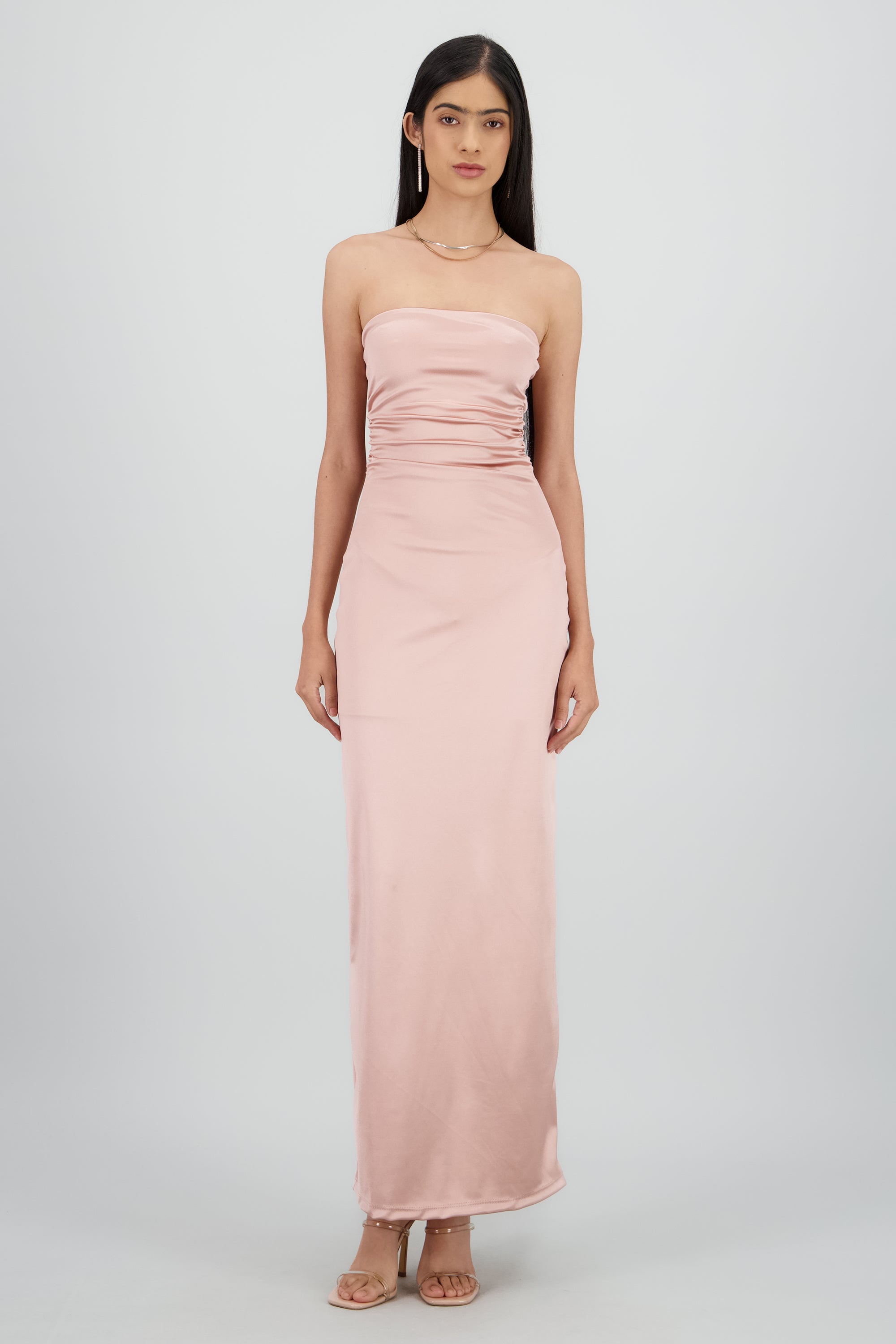 Vestido maxi satin strapless drapeado ROSA