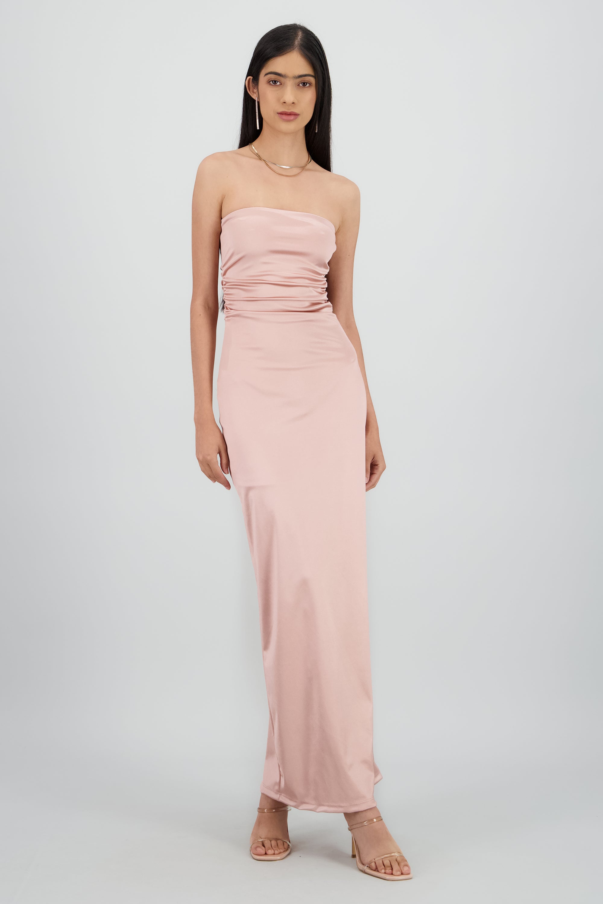 Vestido maxi satin strapless drapeado ROSA