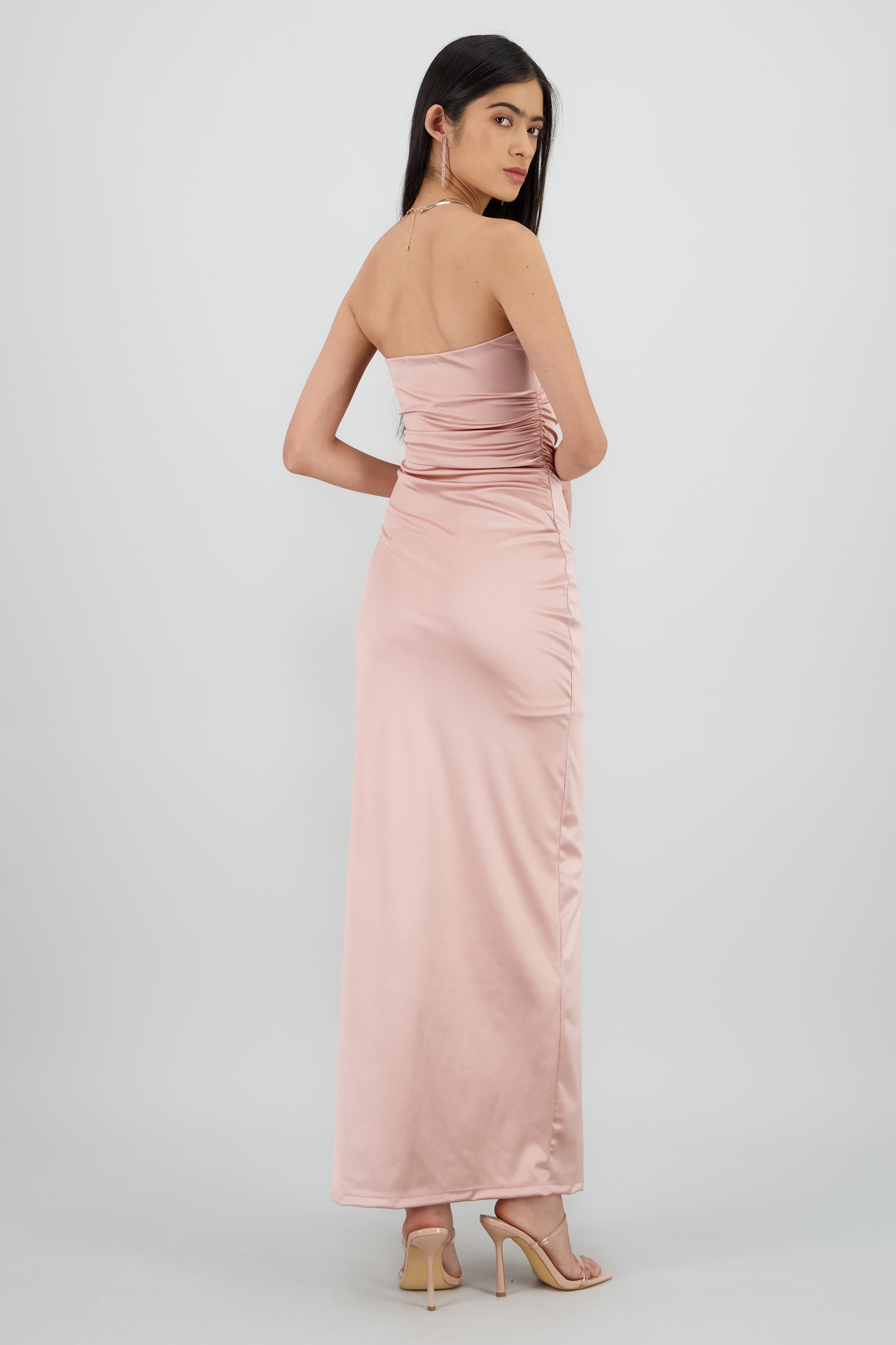 Vestido maxi satin strapless drapeado ROSA