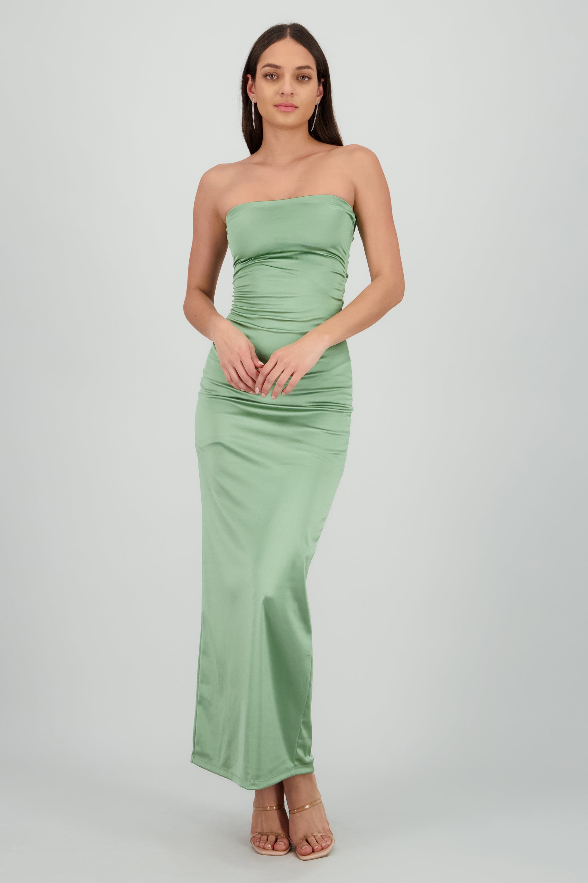 Vestido maxi satin strapless drapeado OLIVO