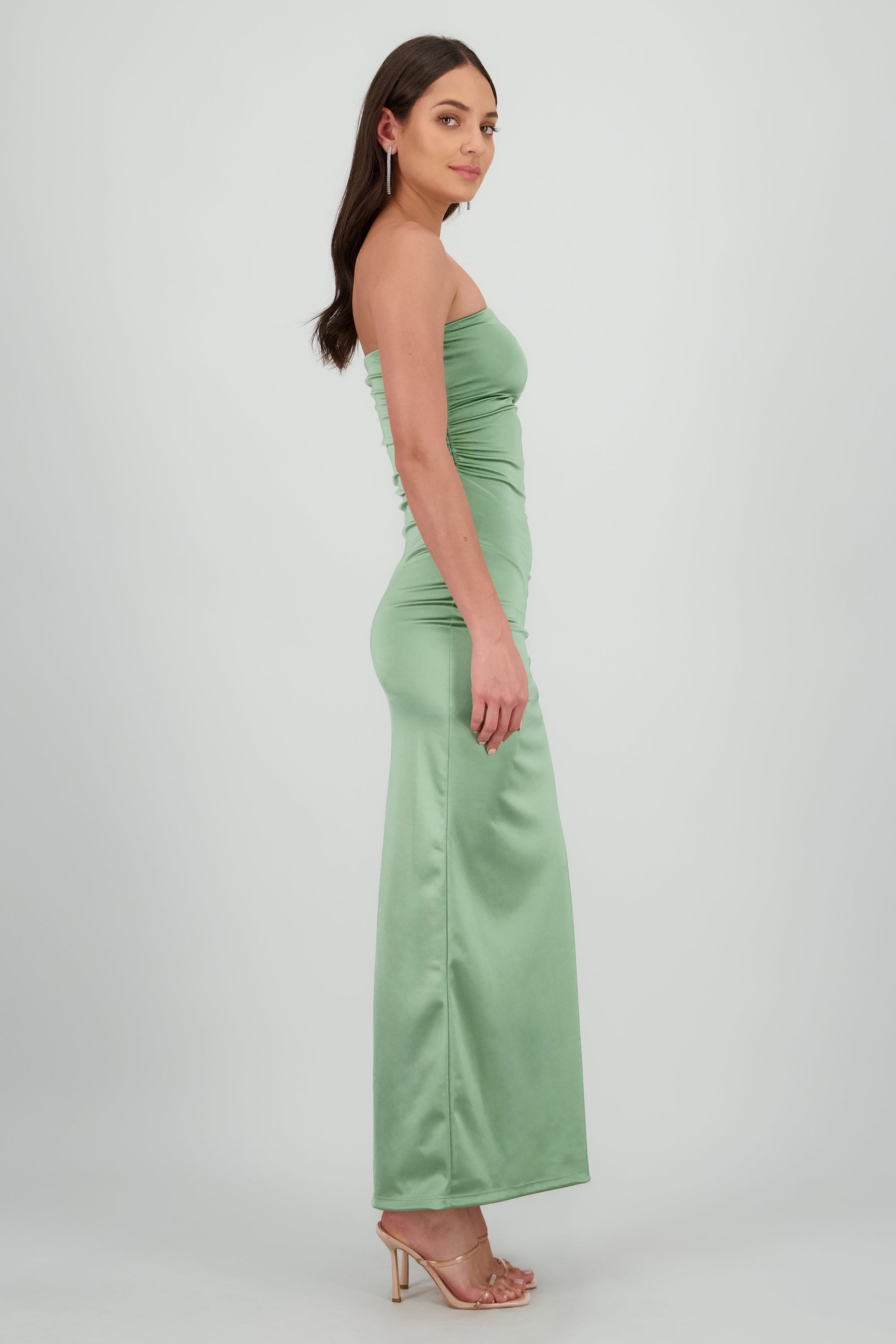 Vestido maxi satin strapless drapeado OLIVO