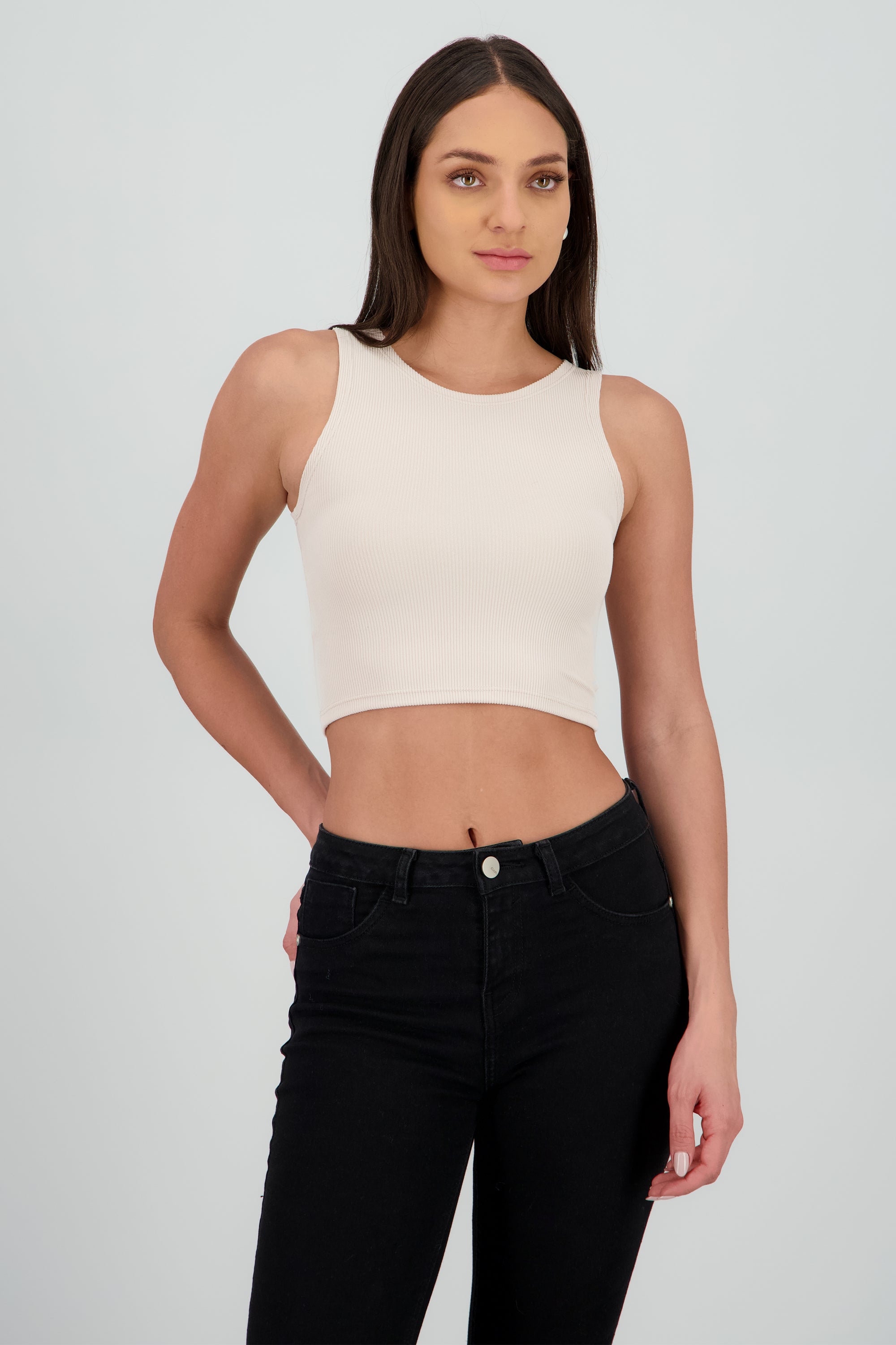 Top corto rib sin manga TAUPE