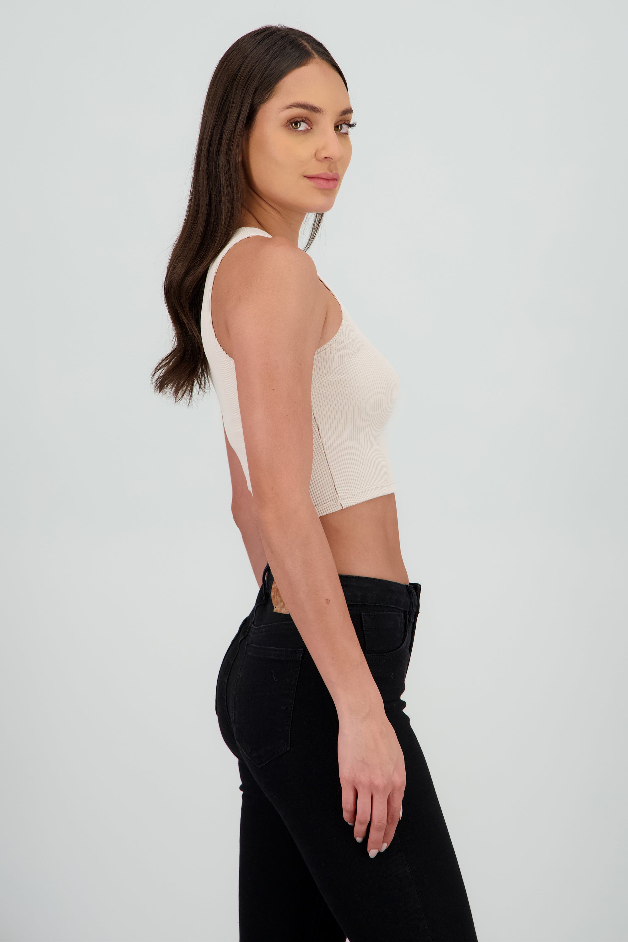 Top corto rib sin manga TAUPE