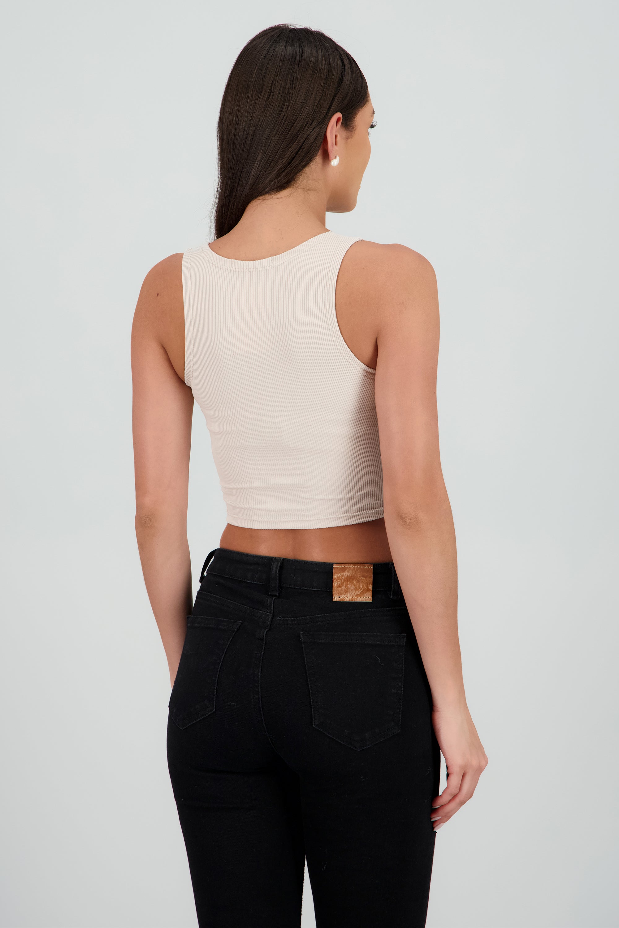 Top corto rib sin manga TAUPE