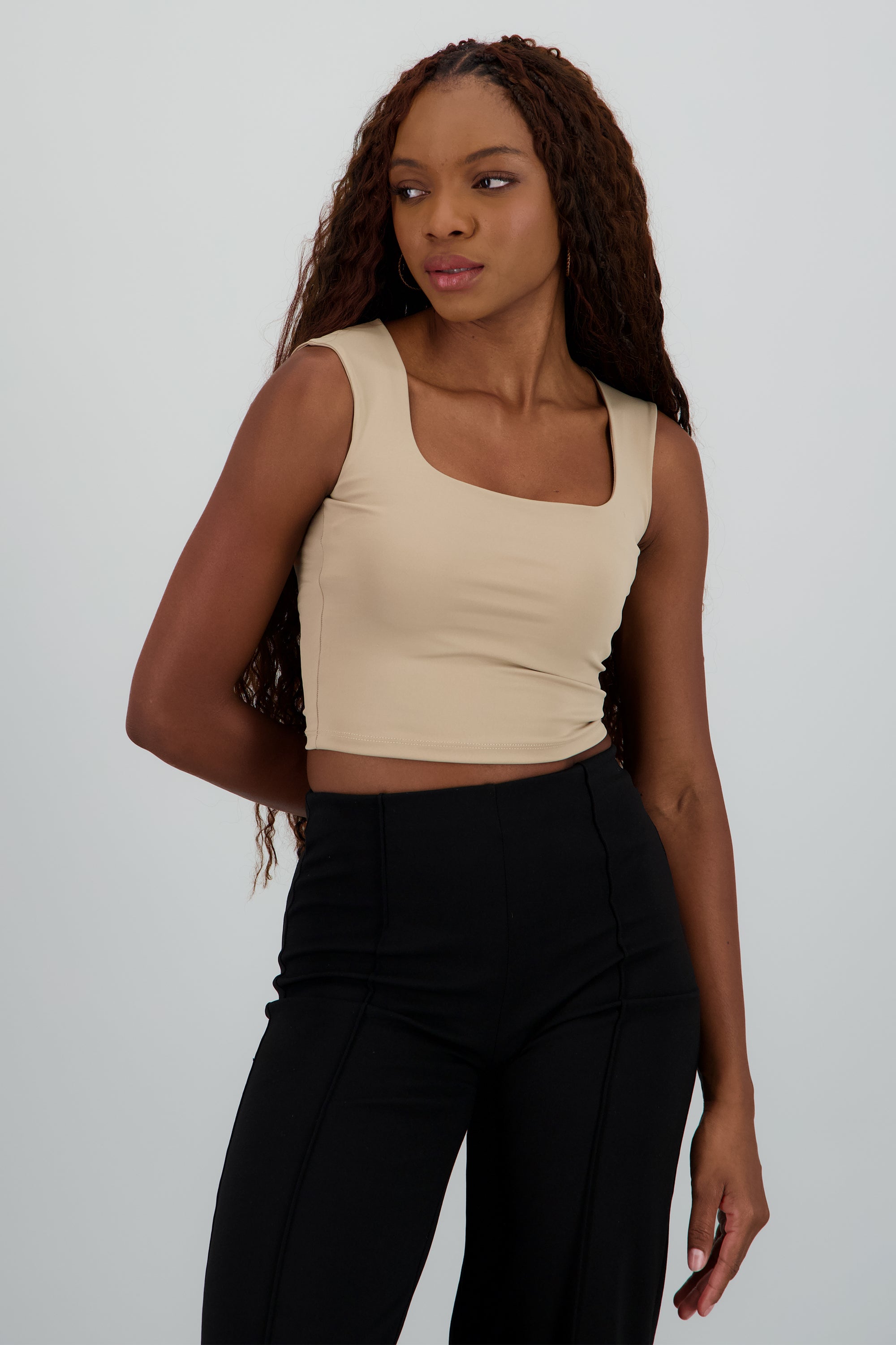 Top corto doble tela escote cuadrado KHAKI