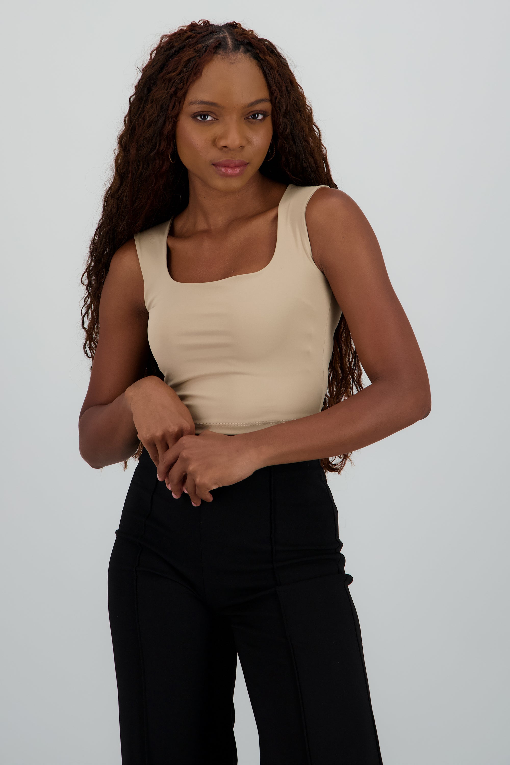 Top corto doble tela escote cuadrado KHAKI