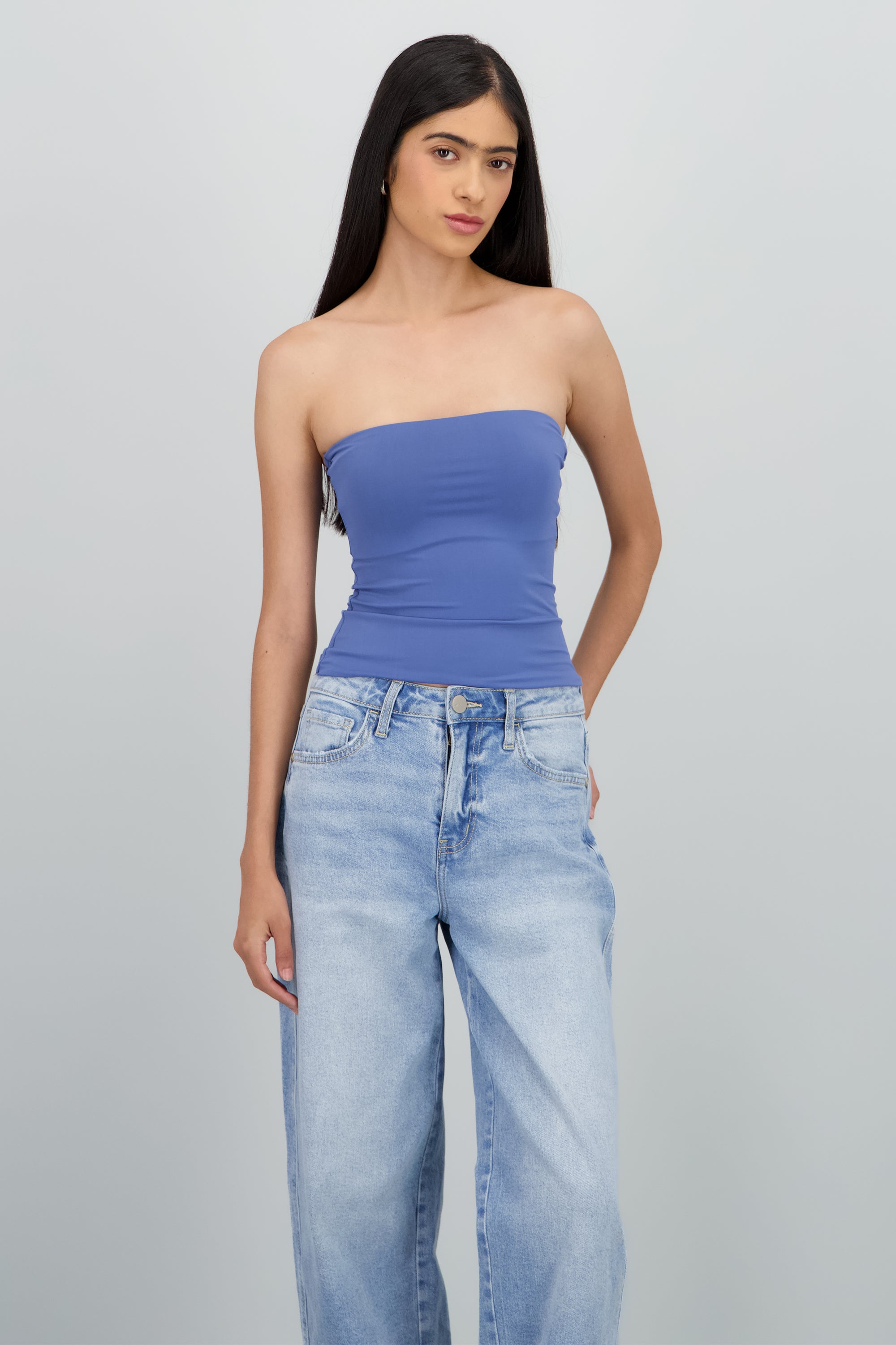 Top tubo liso doble tela AZUL PASTEL