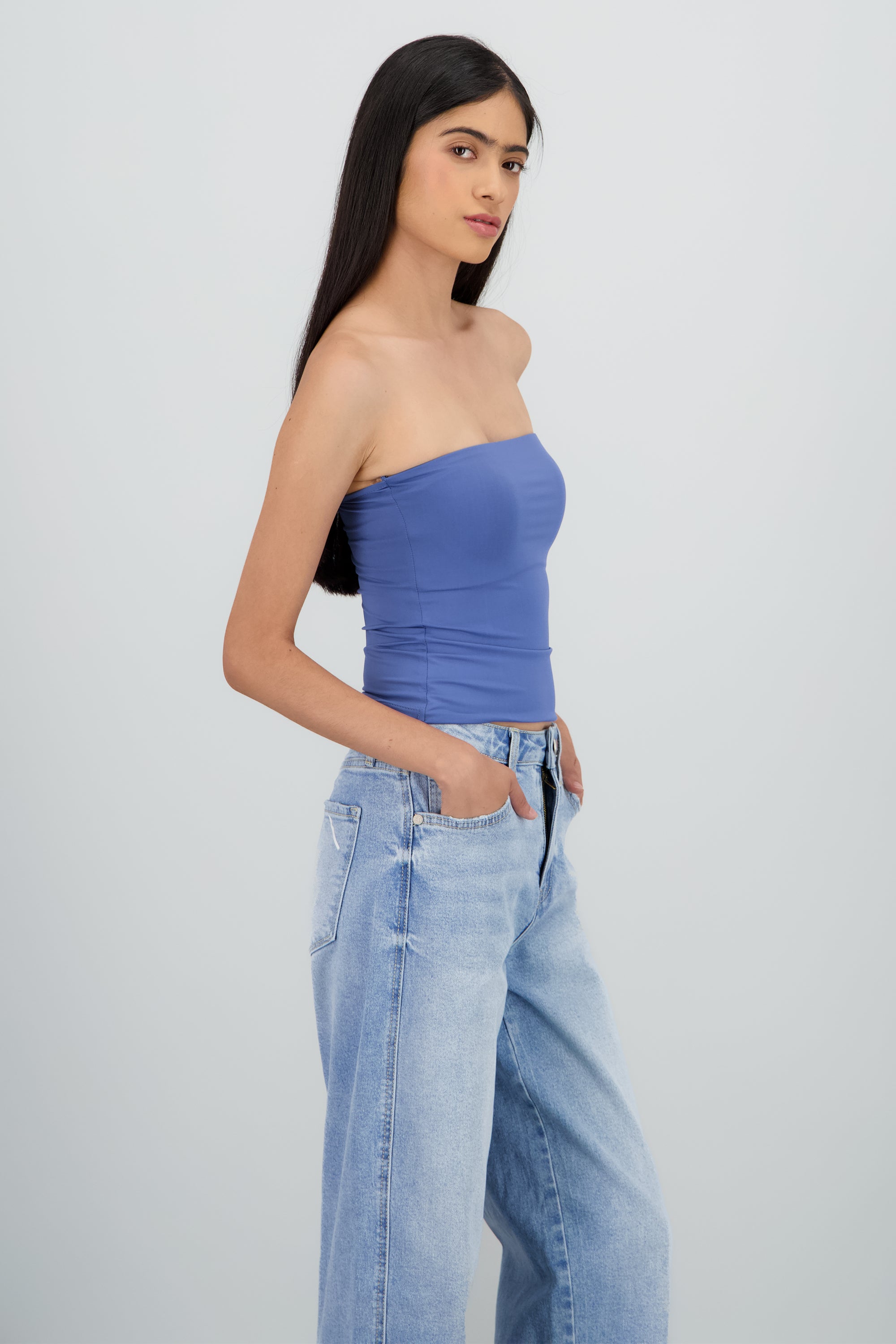 Top tubo liso doble tela AZUL PASTEL