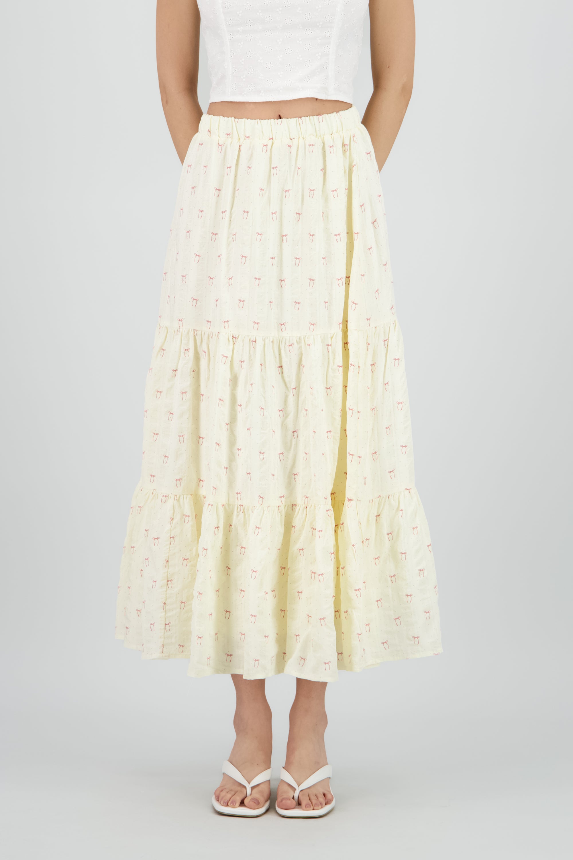 Falda midi estampado moños y polkas CREMA