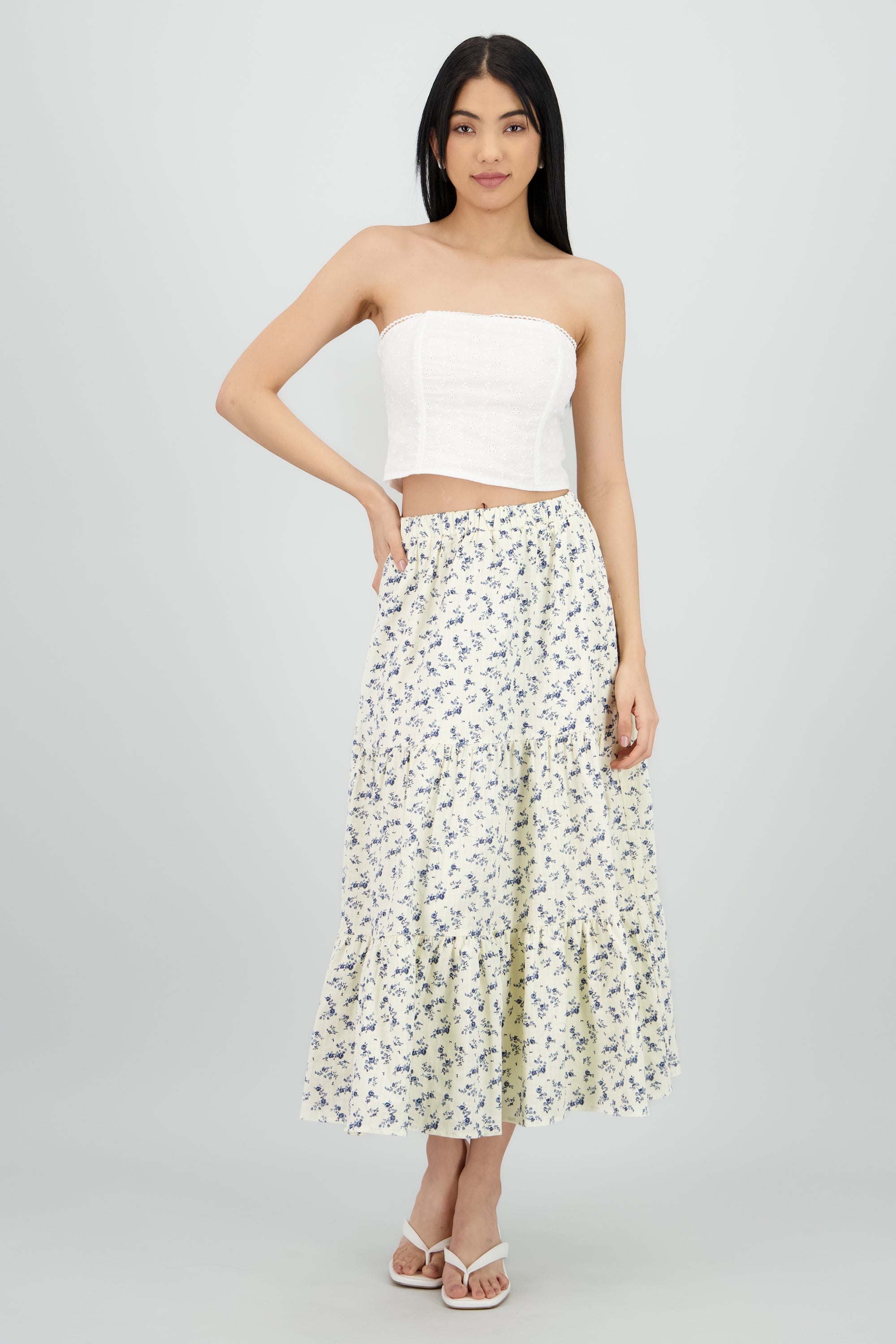 Falda maxi flores textura CREMA