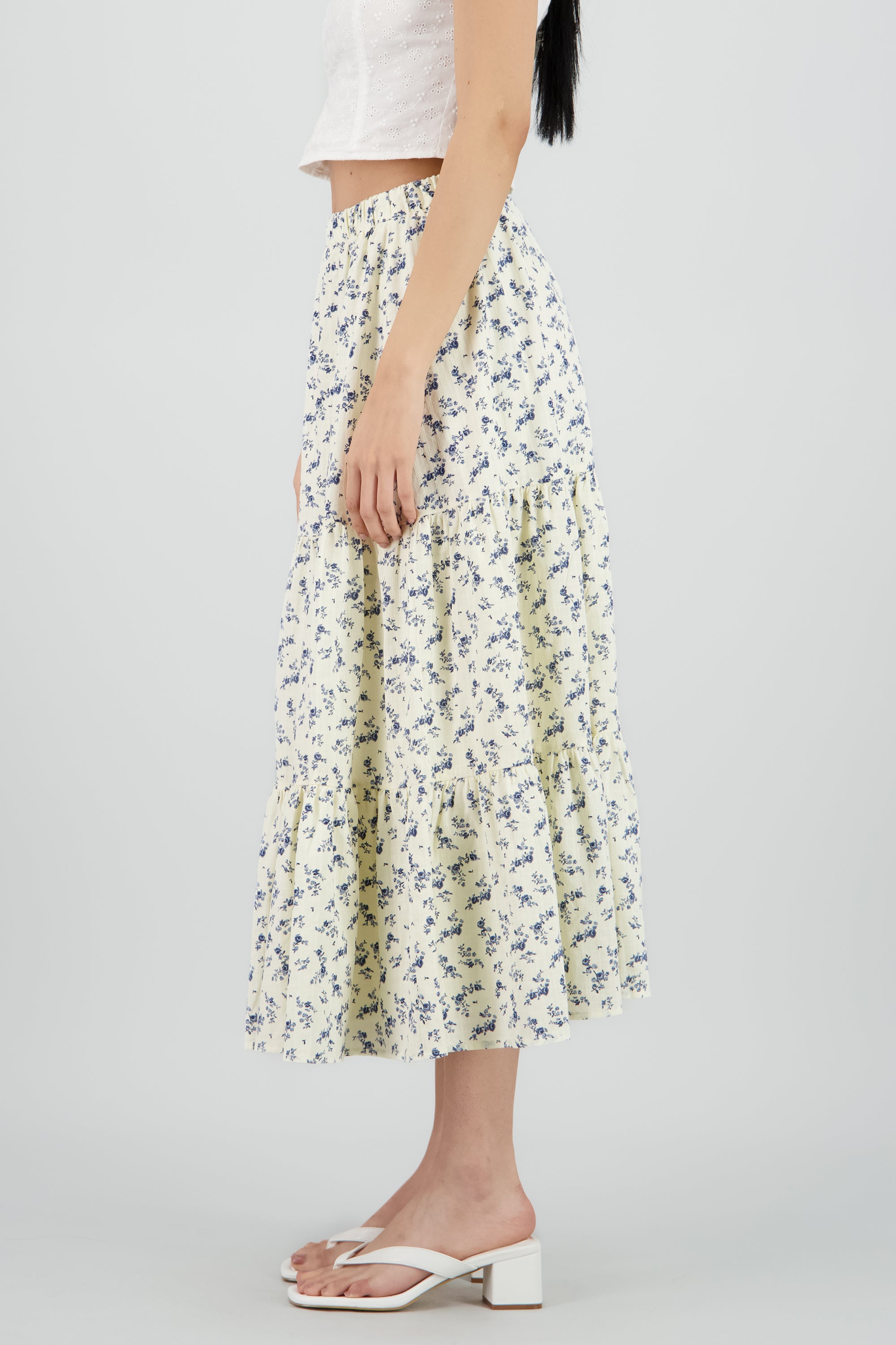 Falda maxi flores textura CREMA