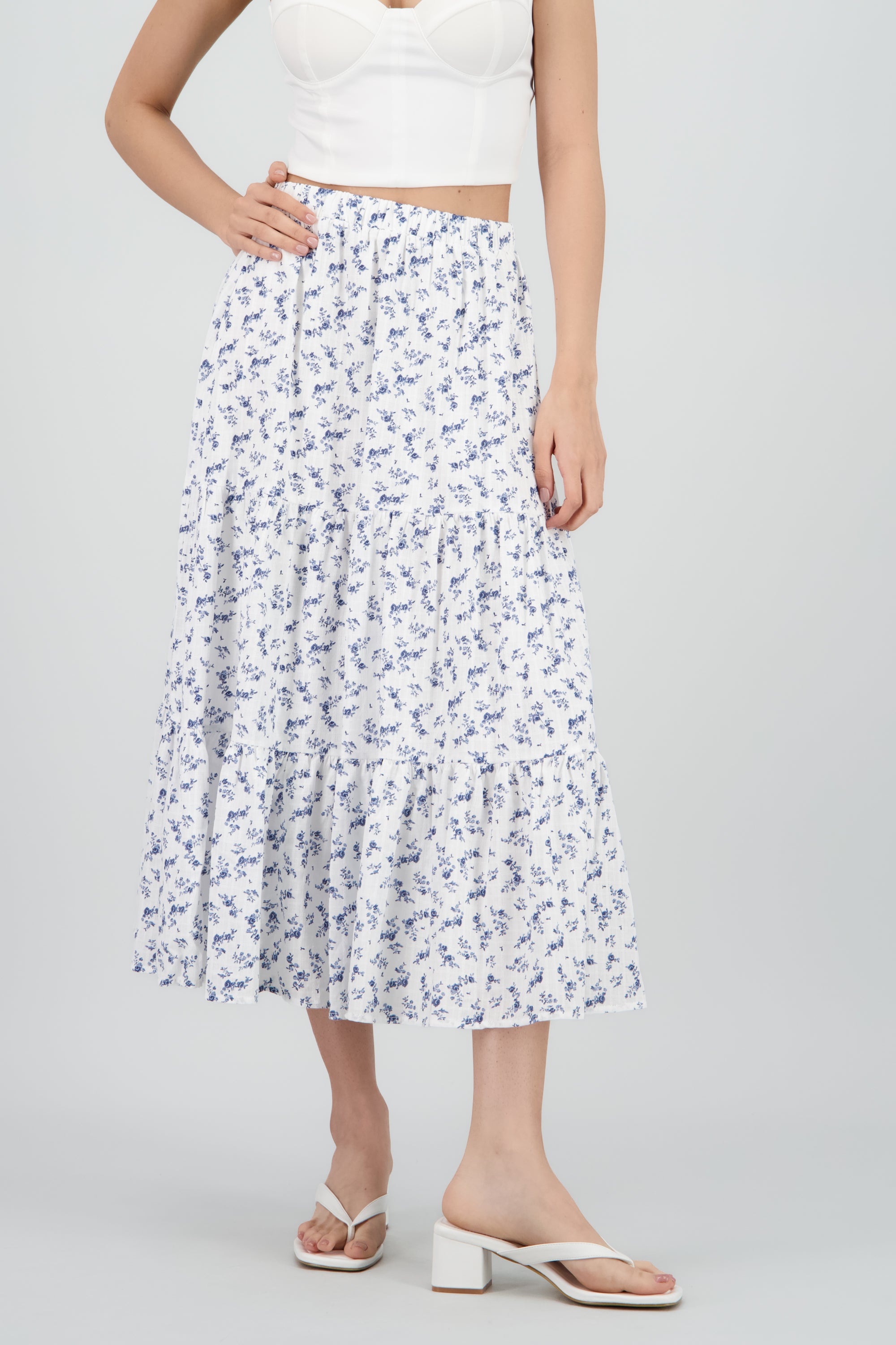 Falda maxi flores textura BLANCO COMBO