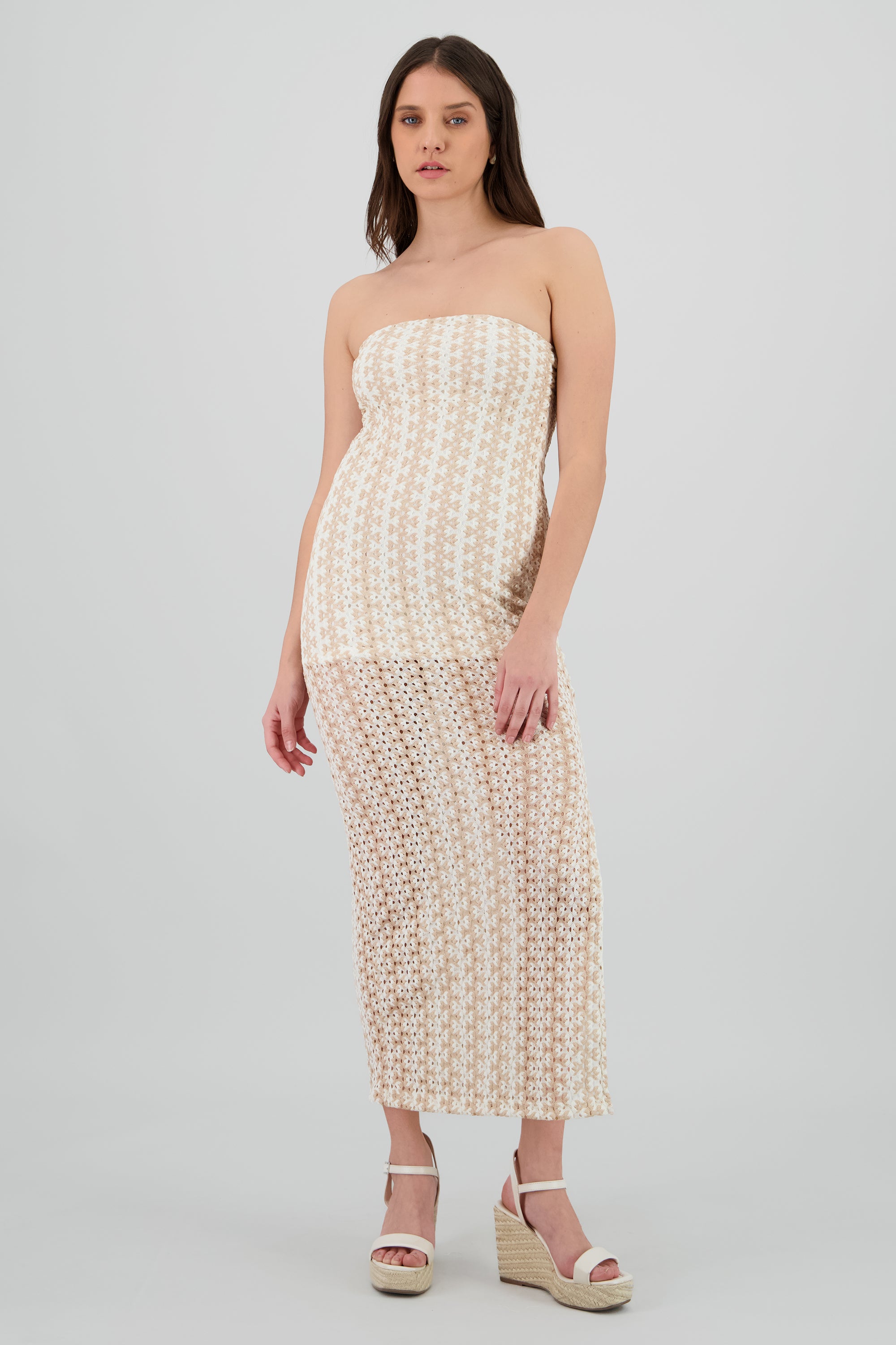 Vestido maxi strapless tejido KHAKI COMBO