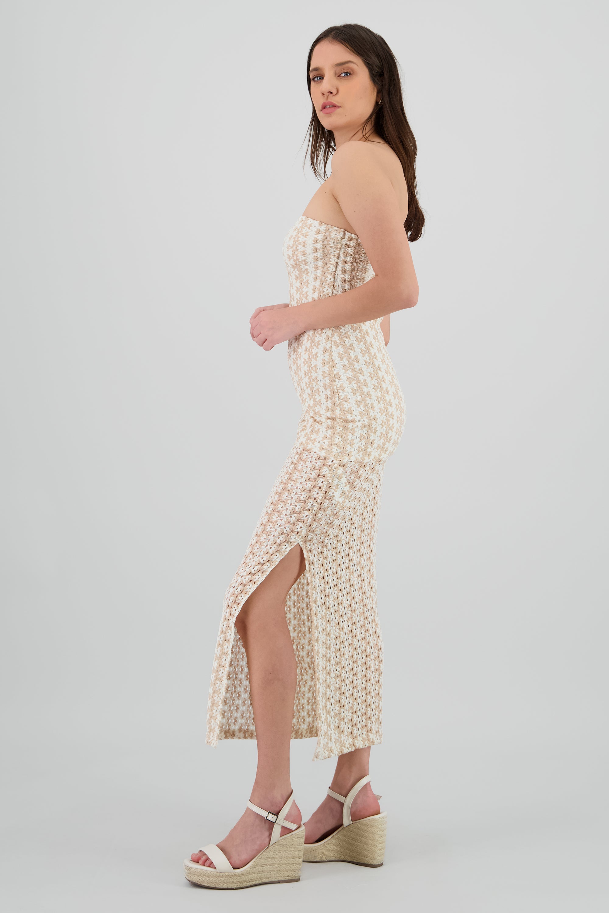 Vestido maxi strapless tejido KHAKI COMBO