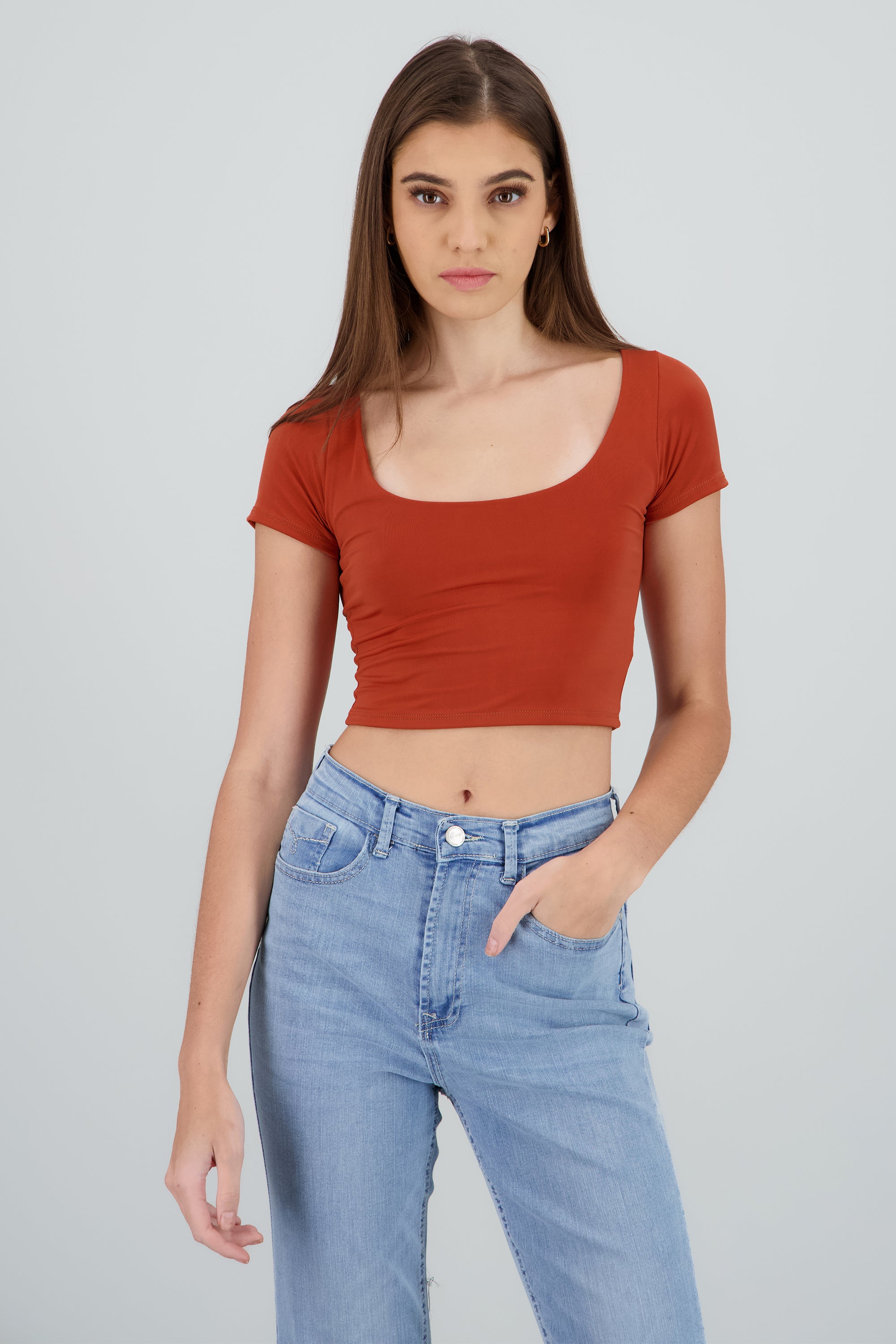 Top corto manga corta doble tela CHOCOLATE