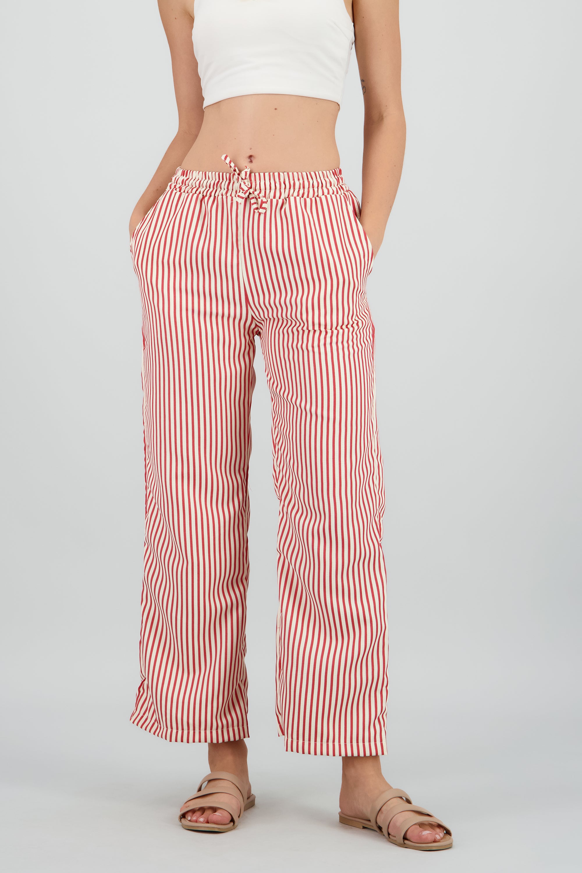 Pantalon amplio rayas textura ROJO COMBO