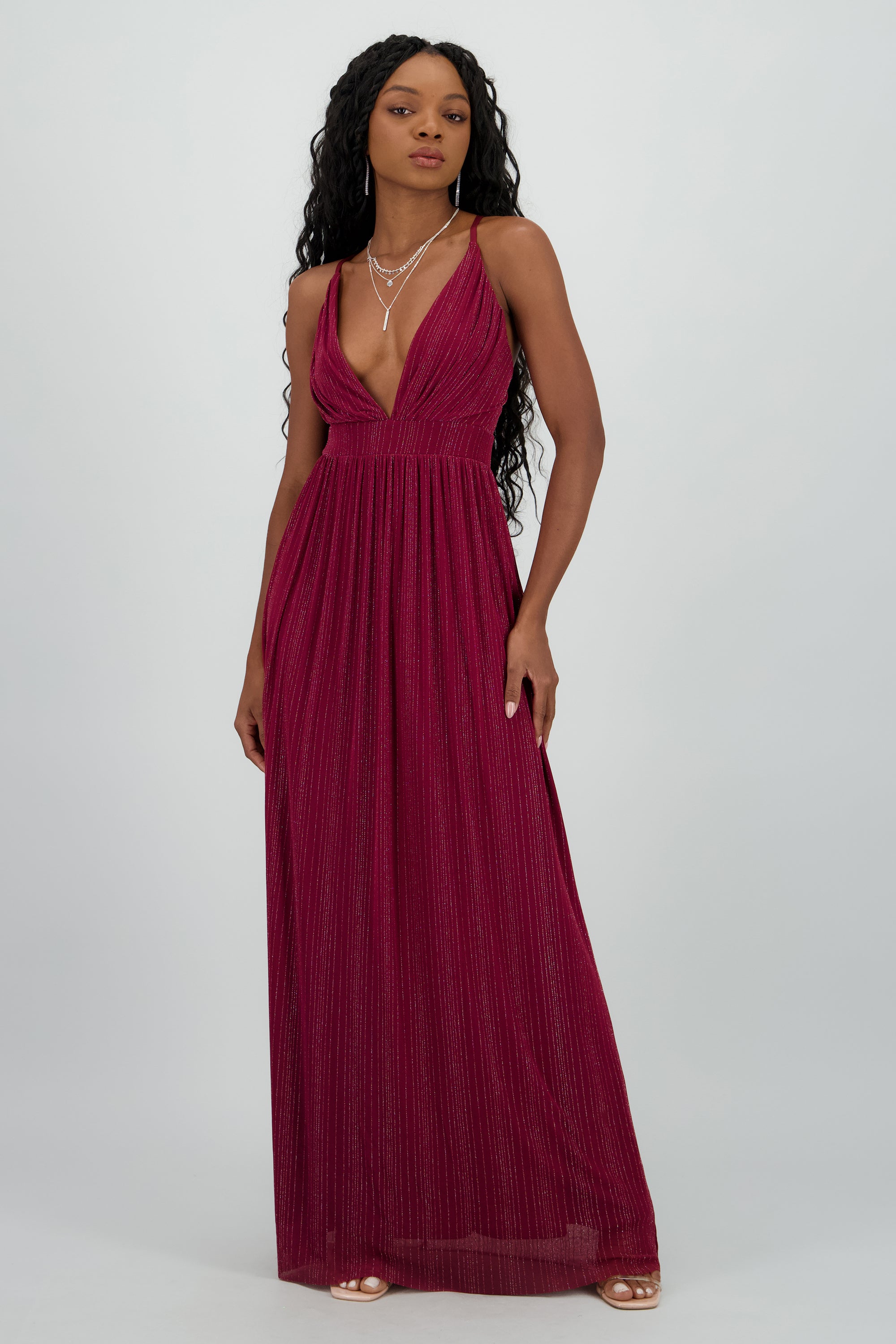 Vestido maxi escote v detalle brillos VINO
