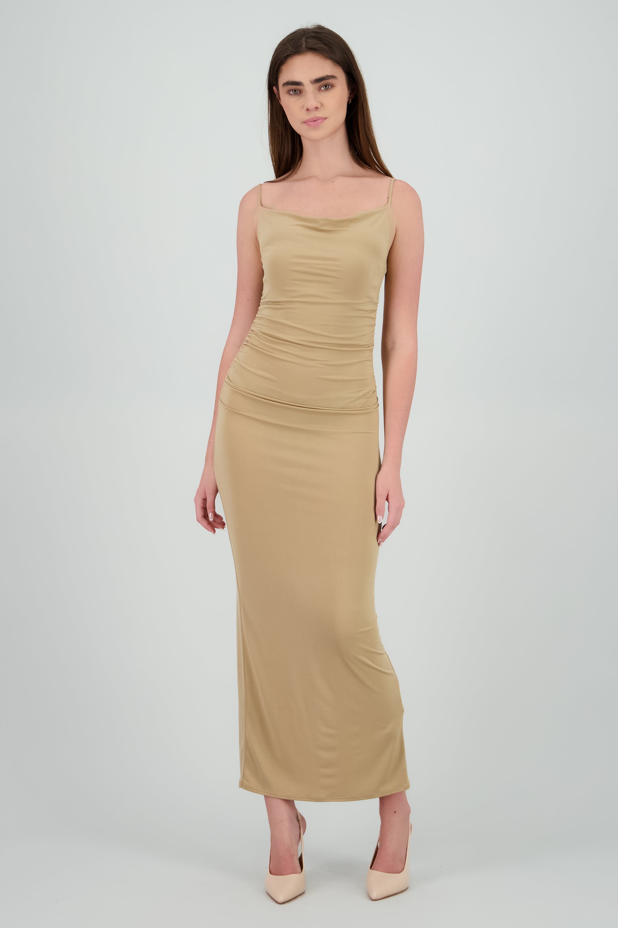 Vestido maxi mesh drapeado tirantes BEIGE