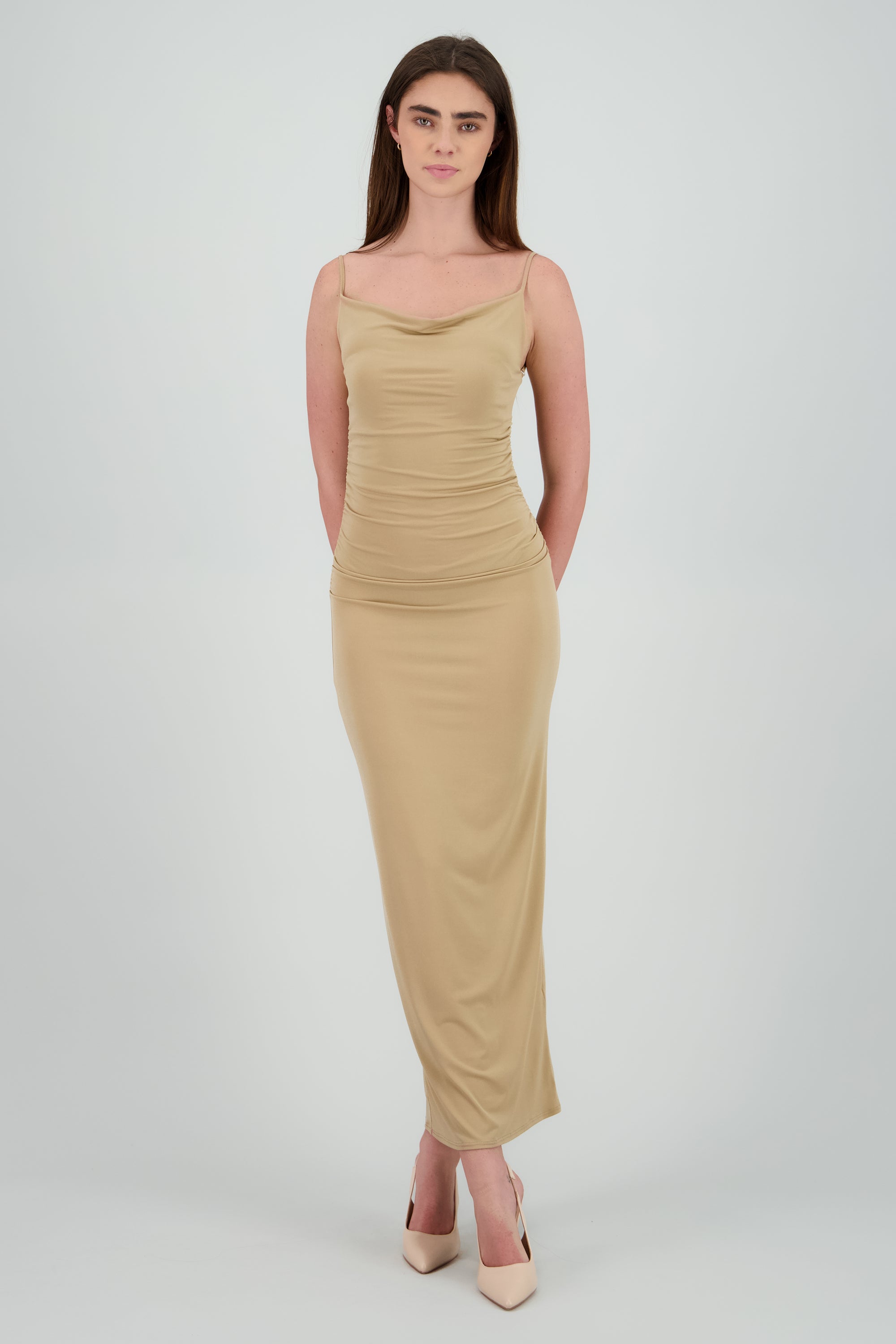 Vestido maxi mesh drapeado tirantes BEIGE